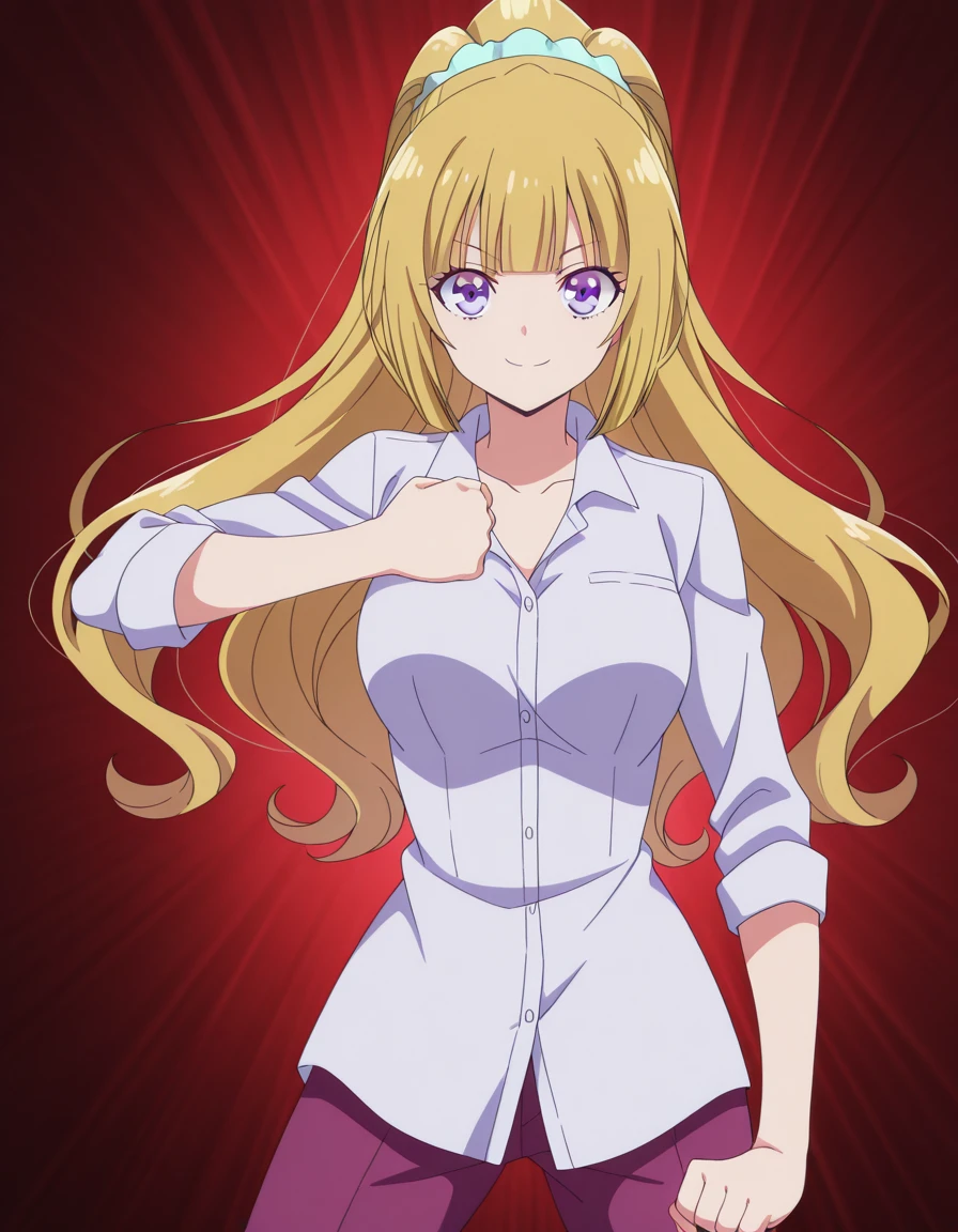 masterpiece, best quality, amazing quality,, <lora:kei-karuizawa-s2-v2-illustriousxl-lora-nochekaiser:1>, kei karuizawa, long hair, bangs, blunt bangs, purple eyes, blonde hair, hair ornament, ponytail, scrunchie, breasts, blue scrunchie, anime screencap, <lora:giorno-giovannas-pose-illustriousxl-lora-nochekaiser:1>, giorno giovannas pose, giorno giovanna's pose (jojo), jojo pose, hand up, clenched hand, hand on waist, smile, looking at viewer, cowboy shot,, , ,