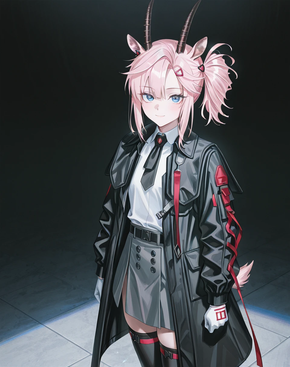 solo, earthspirit, pink hair, short hair, side ponytail, hairclip, horns, goat ears, goat tail, blue eyes, looking at viewer, soft smile,
coat, shirt, grey skirt, necktie, hairclip, gloves, thighhighs, thigh straps,
standing, forward,
masterpiece, best quality, amazing quality, very aesthetic, absurdres, newest,
reoen
