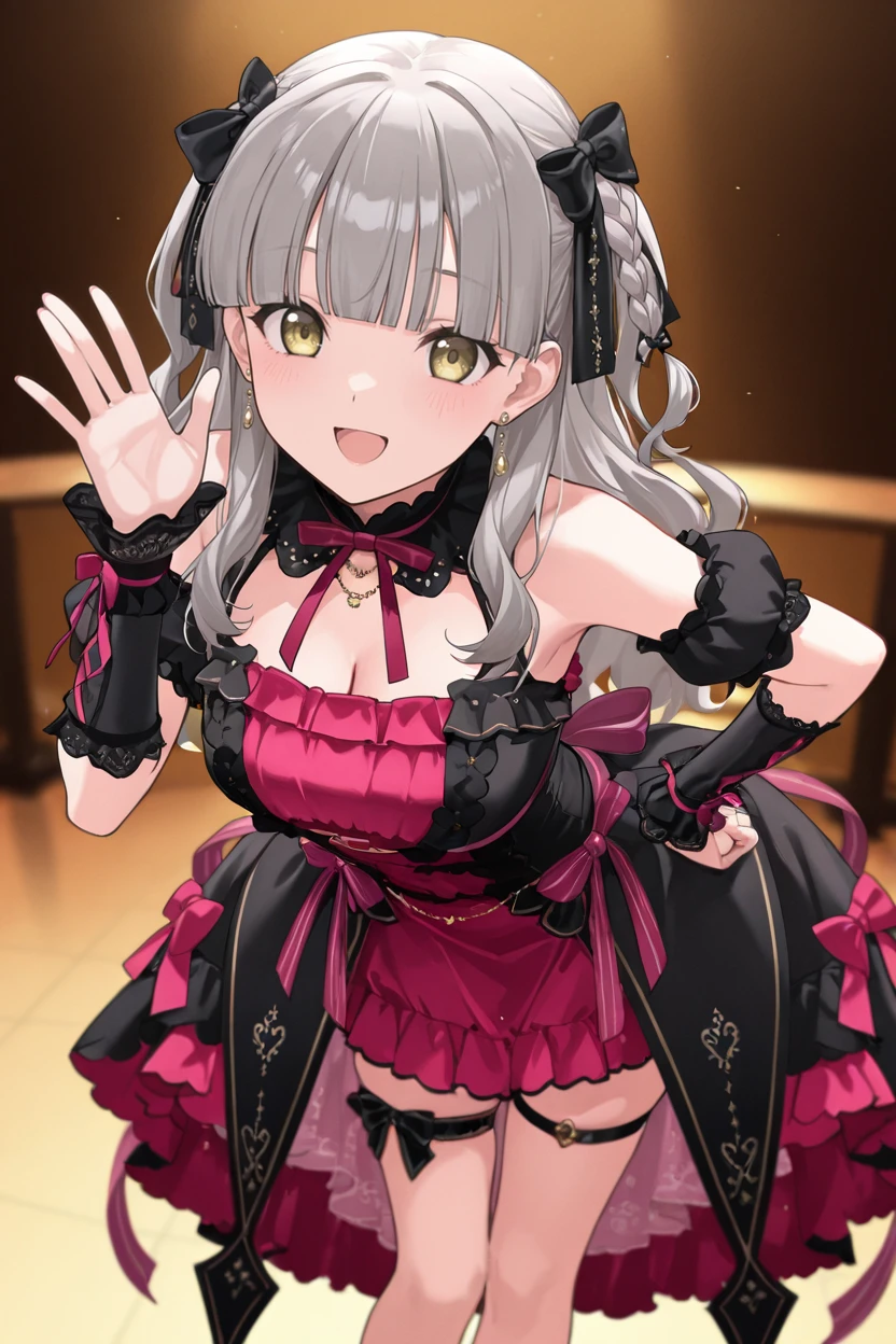 masterpiece, best quality, very aesthetic, newest, absurdres, highres,
1girl, solo,
<lora:NagamineKaedeIllustriousV1:1> nagaminekaede, long hair, wavy hair, grey hair, blunt bangs, (parted bangs:1.2), single braid, hair bow, yellow eyes,
hand on hip, palm waving, leaning forward, dancing, open mouth, smile,
<lora:ChieriOgataOurParadiseDress:0.8> op dress, bow, pink dress, frills, ribbon, detached sleeves, thigh strap,