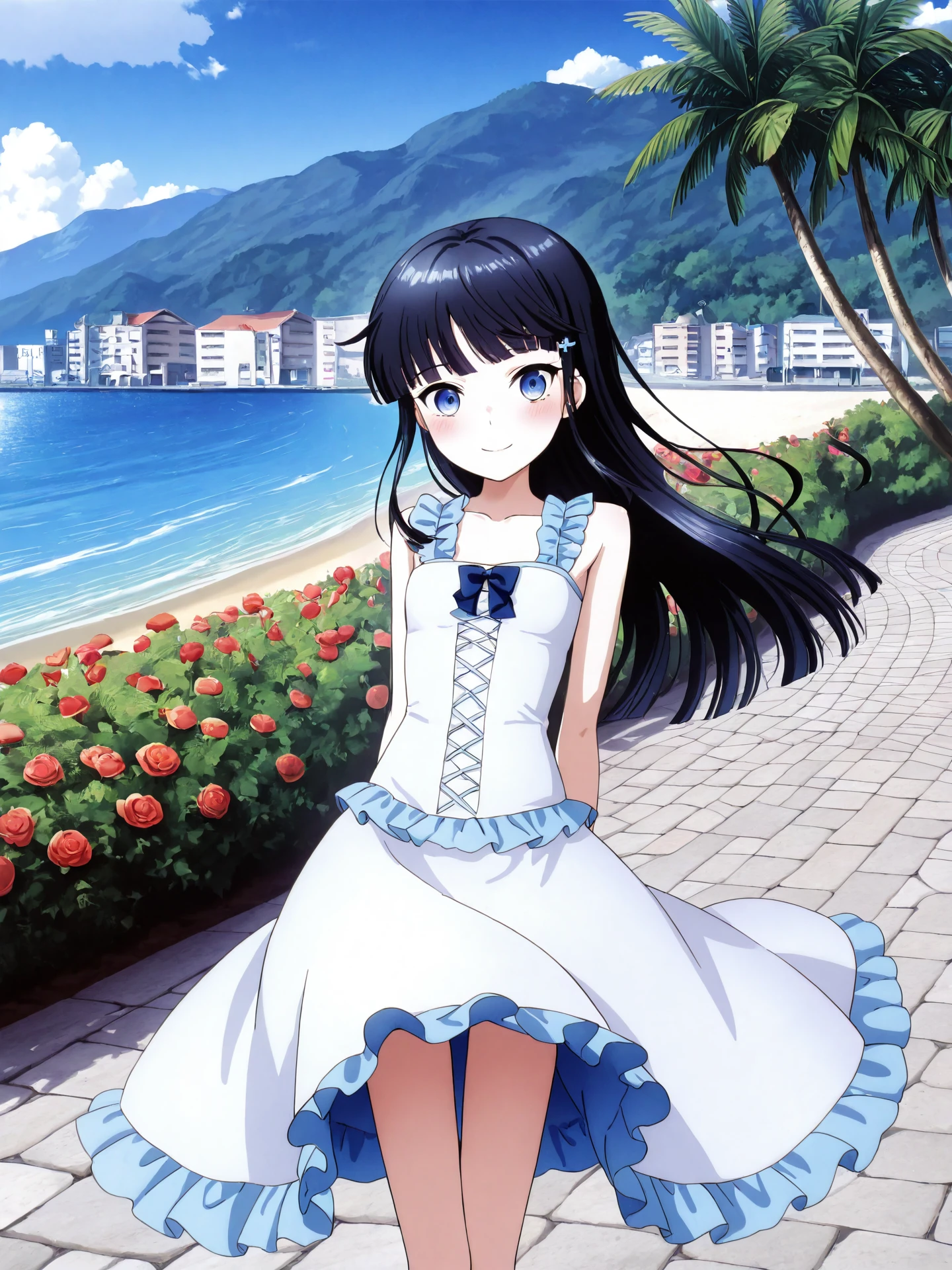 <lora:CC_Aesthetic_Masterpiece_1:1>, <lora:ST_Mahouka_Riromemo_0R:0.3>, riromemo
<lora:Shiba_Miyuki_JC_0R:0.9>, miyuki_jc, miyuki_jcpv1
blue eyes, black hair, blue hair, long hair, blunt bangs, sidelocks, hair ornament, hairclip, petite, slim, skinny, thin thighs, thin legs, narrow hips, long legs, floating hair
white dress, neck ribbon, white skirt, ribbon, frills, frilled skirt
masterpiece, best quality, amazing quality, very aesthetic, absurdres, detailed background
1girl, solo, looking at viewer, facing viewer, cowboy shot, dynamic pose, blush, smile
outdoors, japan, okinawa, seaside town, ocean, beach, stone floor, tree, bush, flower bed, palm tree