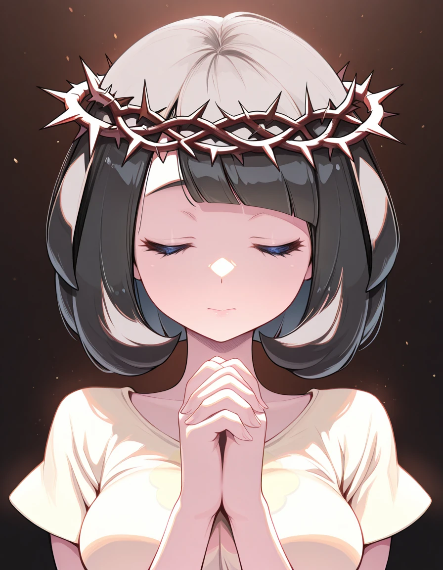 masterpiece, best quality, amazing quality,, <lora:pokemon-selene-illustriousxl-lora-nochekaiser:1>, selene, selene (pokemon), black hair, blue eyes, short hair, bangs, blunt bangs, mature female, medium breasts,, <lora:crown-of-thorns-illustriousxl-lora-nochekaiser:1>, crown of thorns, portrait, closed eyes, own hands together, own hands clasped, praying,,