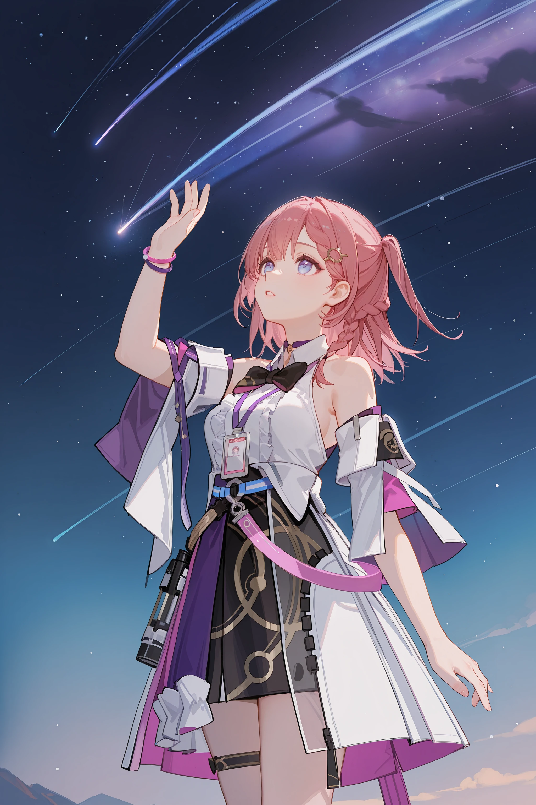 1girl, asta \(honkai: star rail\), detached sleeves, sleeveless shirt, id card, high-waist skirt, overskirt, thigh strap, bracelet, hairpin, belt, bowtie, choker, looking up, starry sky, shooting star, parted lips, cowboy shot, standing <lora:Char-HonkaiSR-Asta-V3-IL:0.9:hr=0.6>, ciloranko, alphonse \(white datura\), ask \(askzy\), gomzi, you shimizu
masterpiece, best quality, amazing quality, very aesthetic, absurdres, newest, (scenery, volumetric lighting), ray tracing, (bloom:1.4), cinematic