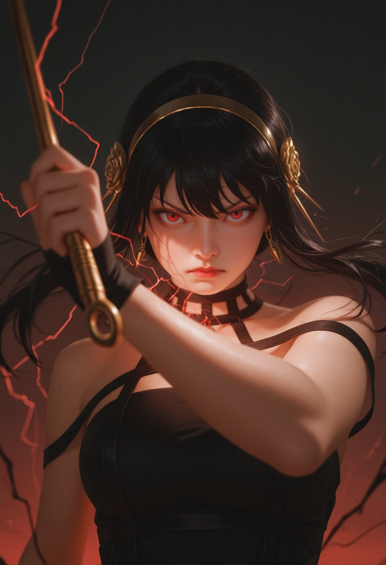 masterpiece, best quality, realistic,
1girl,  solo, depth of field, scenery,
yor_briar, spy_x_family, 1girl, black_hair, red_eyes 
<lora:Conquerors Haki [IL]:0.8> Conqueror's Haki, aura, (red and black electricity:1.3),
frown, holding weapon, dark background,  <lora:Dynamic lighting[IL]:0.85> dynamiclighting
