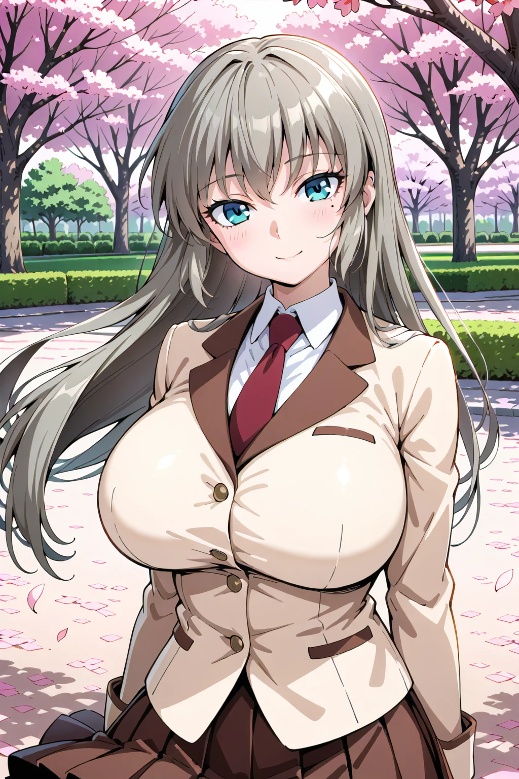 <lora:Ootorii Asuka Illustrious1:0.6>, ootorii asuka, mole under eye, huge breasts, school uniform, red necktie, pleated skirt, brown skirt, white shirt, collared shirt, blazer, pink petals, park, cherry blossoms, smile, looking at viewer, wind, head tilt