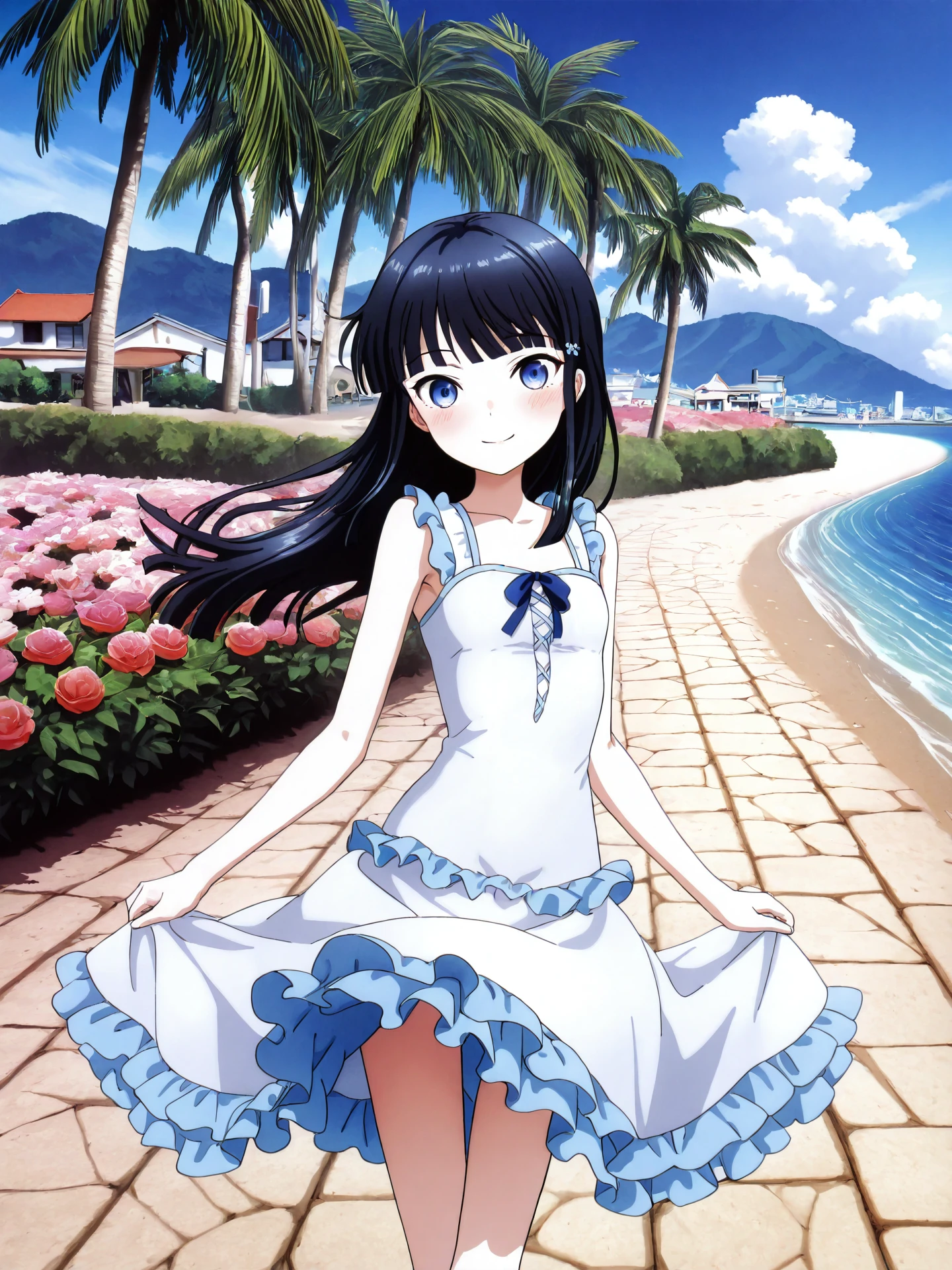 <lora:CC_Aesthetic_Masterpiece_1:1>, <lora:ST_Mahouka_Riromemo_0R:0.3>, riromemo
<lora:Shiba_Miyuki_JC_0R:0.9>, miyuki_jc, miyuki_jcpv1
blue eyes, black hair, blue hair, long hair, blunt bangs, sidelocks, hair ornament, hairclip, petite, slim, skinny, thin thighs, thin legs, narrow hips, long legs, floating hair
white dress, neck ribbon, white skirt, ribbon, frills, frilled skirt
masterpiece, best quality, amazing quality, very aesthetic, absurdres, detailed background
1girl, solo, looking at viewer, facing viewer, cowboy shot, dynamic pose, blush, smile
outdoors, japan, okinawa, seaside town, ocean, beach, stone floor, tree, bush, flower bed, palm tree