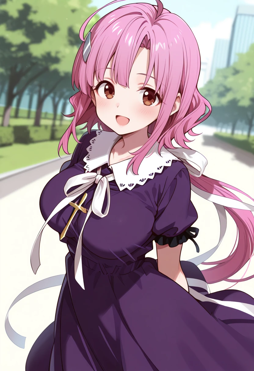 masterpiece, best quality, 1girl, solo, <lora:ill_megu-ne:1>, gakkou_megumi, cowboy shot, purple dress, white collar, white ribbon, short sleeves, cross neckless, large breasts, pink hair, bangs, ponytail, long hair, hair ornament, brown eyes, looking at viewer, smile, open mouth, university, outdoors