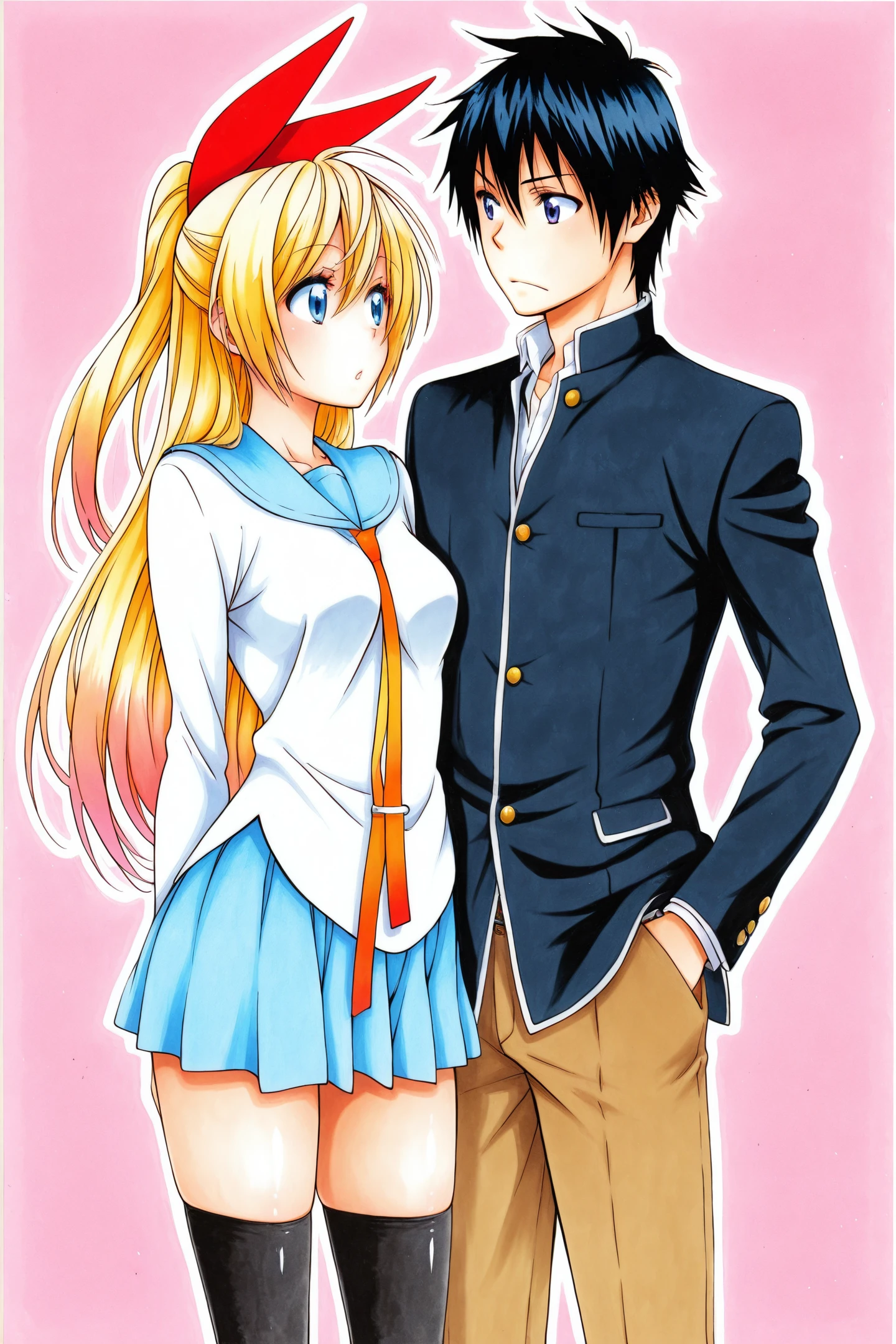 Comic Style,blonde hair,1girl,Kirisaki Chitoge,thighhighs,school uniform,blue eyes,long hair,black hair,ribbon,hair ribbon,1boy,skirt,zettai ryouiki,traditional media,
<lora:Naoshi Komi_illustriousXL:1>,