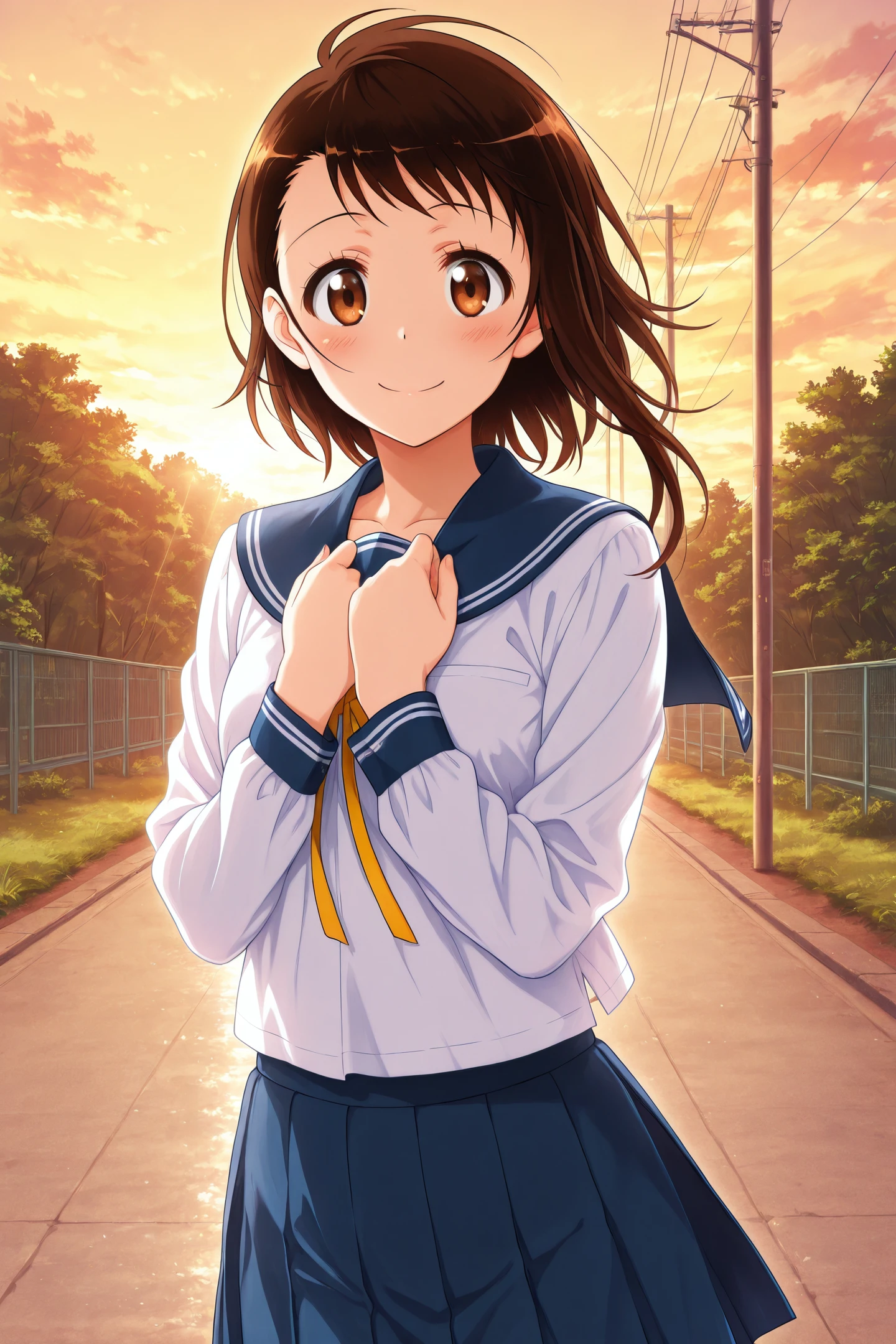 Anime Style,Onodera Kosaki,1girl,solo,smile,skirt,brown hair,school uniform,brown eyes,looking at viewer,blue skirt,pleated skirt,short hair,serafuku,shirt,yellow ribbon,white shirt,long sleeves,cowboy shot,blush,hands on own chest,outdoors,
<lora:Naoshi Komi_illustriousXL:1>,