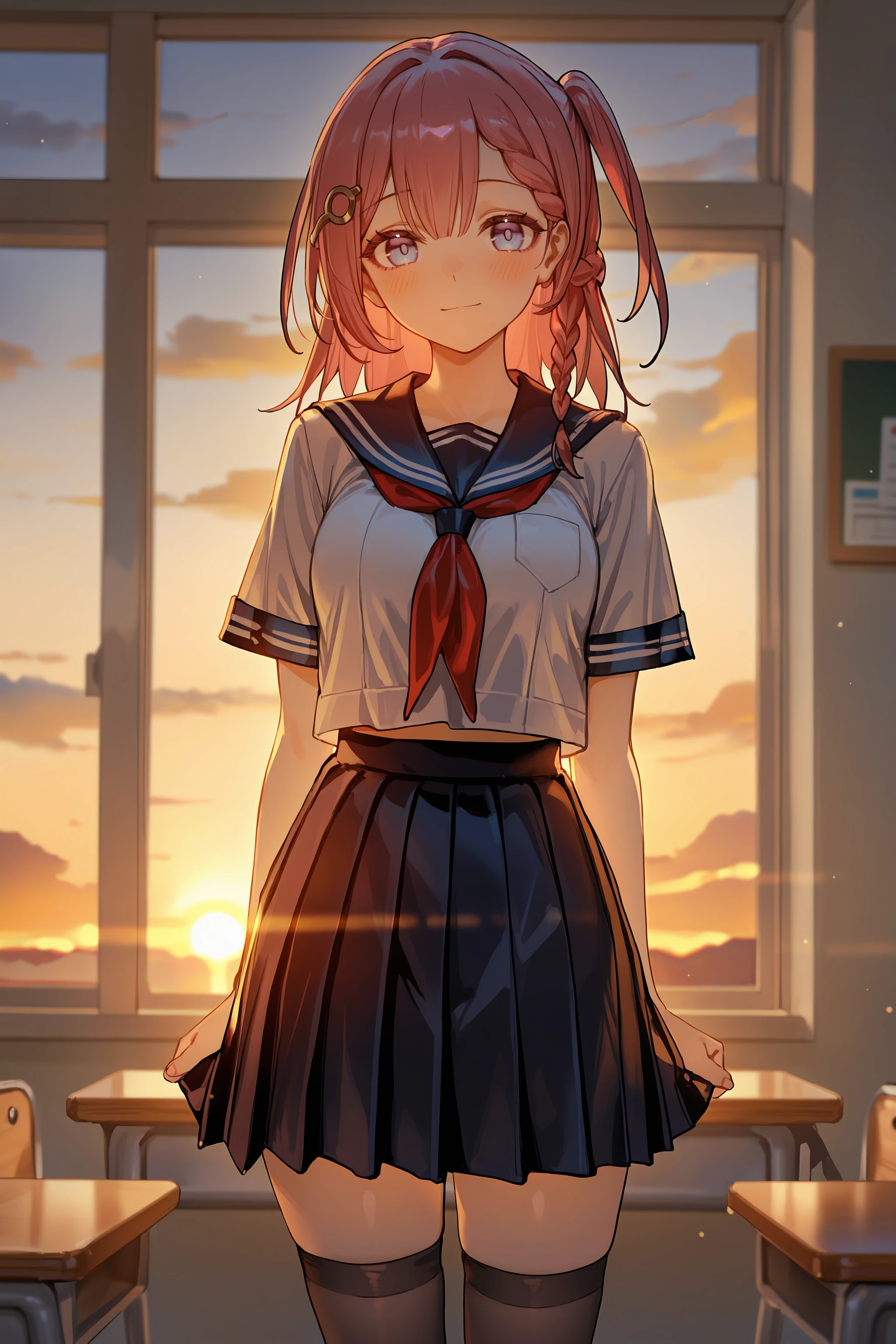 1girl, asta \(honkai: star rail\), hairpin, classroom, serafuku, sailor collar, pleated skirt, thighhighs, sunset, blush, cowboy shot, looking at viewer, facing viewer, light smile, sunset, window, backlighting, depth of field <lora:Char-HonkaiSR-Asta-V3-IL:0.9:hr=0.6>, mimoza \(96mimo414\), rei \(sanbonzakura\), mochi \(circle rin\), (rhasta, yonchan, watao, minaba hideo:0.95)
masterpiece, best quality, amazing quality, very aesthetic, absurdres, newest, (scenery, volumetric lighting), ray tracing, (bloom:1.4), cinematic