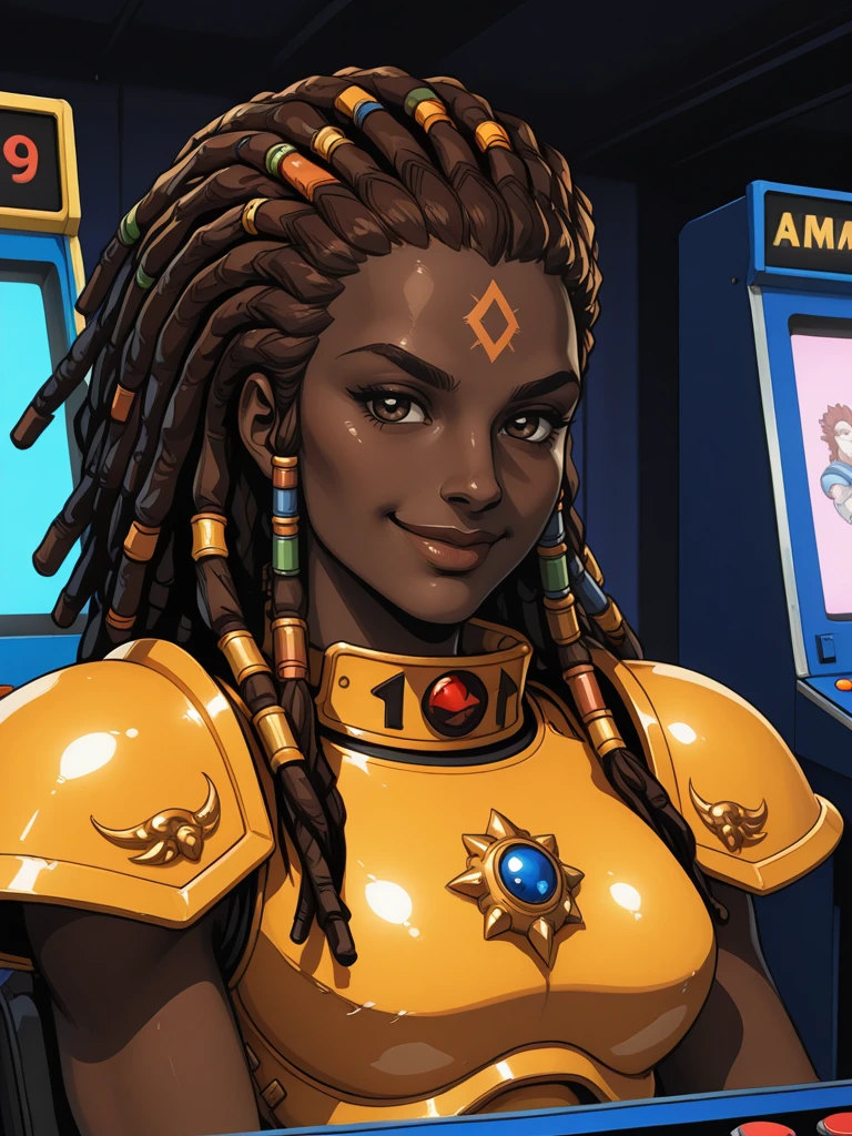 <lora:Harmonious_Jade__Exalted:0.7>
hjade,,very dark skin, long hair, brown hair, dreadlocks,, armor,, forehead mark, anima,
solo in a 1980s arcade, video arcade, smiling, flirting, looking at viewer