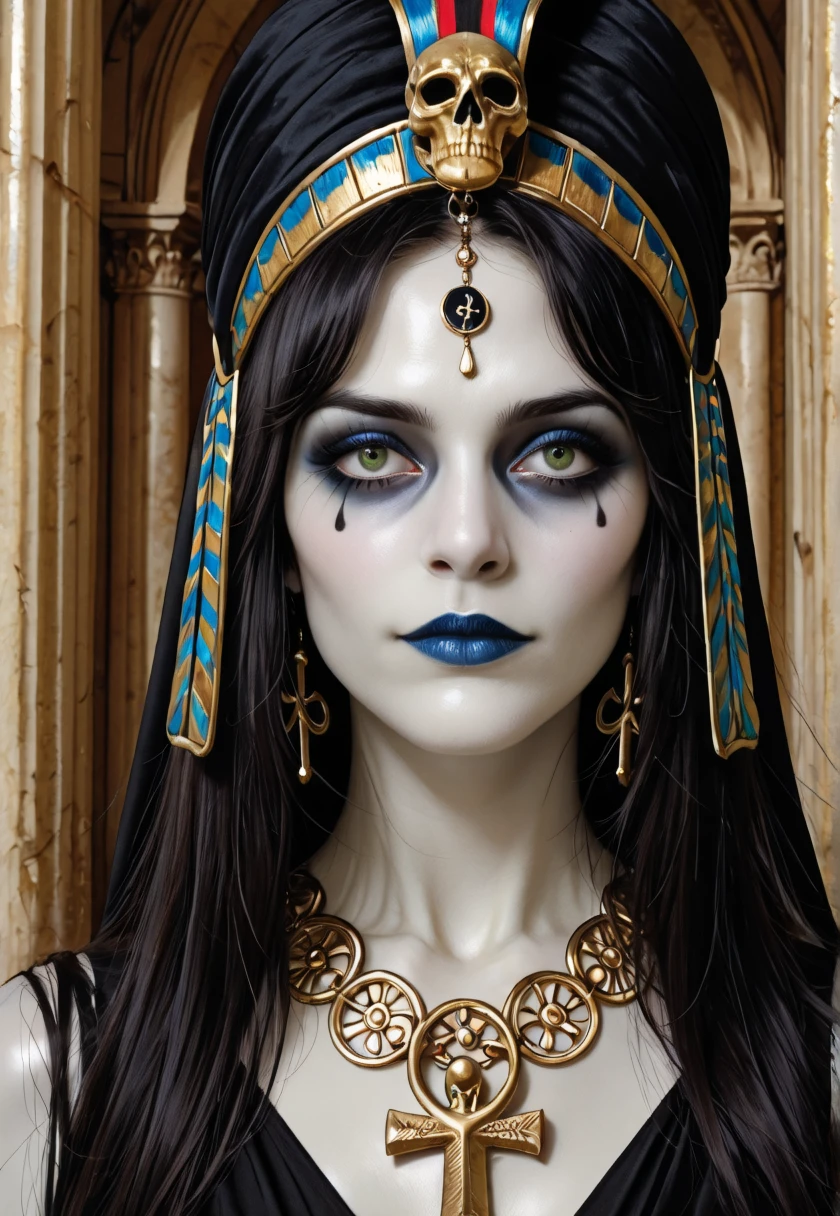 (masterpiece, best quality, highly detailed, realistic), source_photograph,portrait of mcasati as an ancient egyptian goddess, facing the viewer, straight hair, very close up, (Pale skin:1.5)(Pale skin:1.5), skinny, ankh, scarab, skull jewelry, sheer black clothing, bare shoulders, headdress
<lora:Luisa_Casati_IL:1> mcasati, black hair, green eyes, dark blue eyeshadow, eyeliner, dark blue lipstick,
