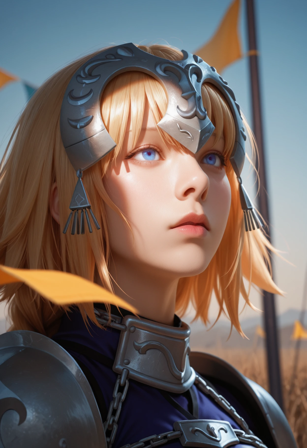 masterpiece, best quality, realistic,
1boy, solo, 
 depth of field, scenery, 
 <lora:Dynamic lighting[IL]:0.85> dynamiclighting
jeanne_d'arc_(fate), fate_(series), 1girl, blonde_hair, blue_eyes
flags, dark environment, armor, head focus,