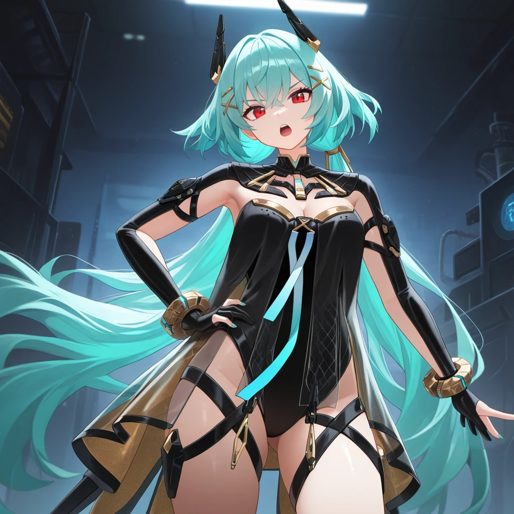 ((Best quality, 8k)), 19 year old female, darkness angel, 1 girl, perfect body, perfect hair, perfect face, pretty, serious, tomboyish, ultra detailed, face, body, lips, eyes, and skin texture, waist long hair, pure black hair, pure black eyes, fully clothed with skirt and boots