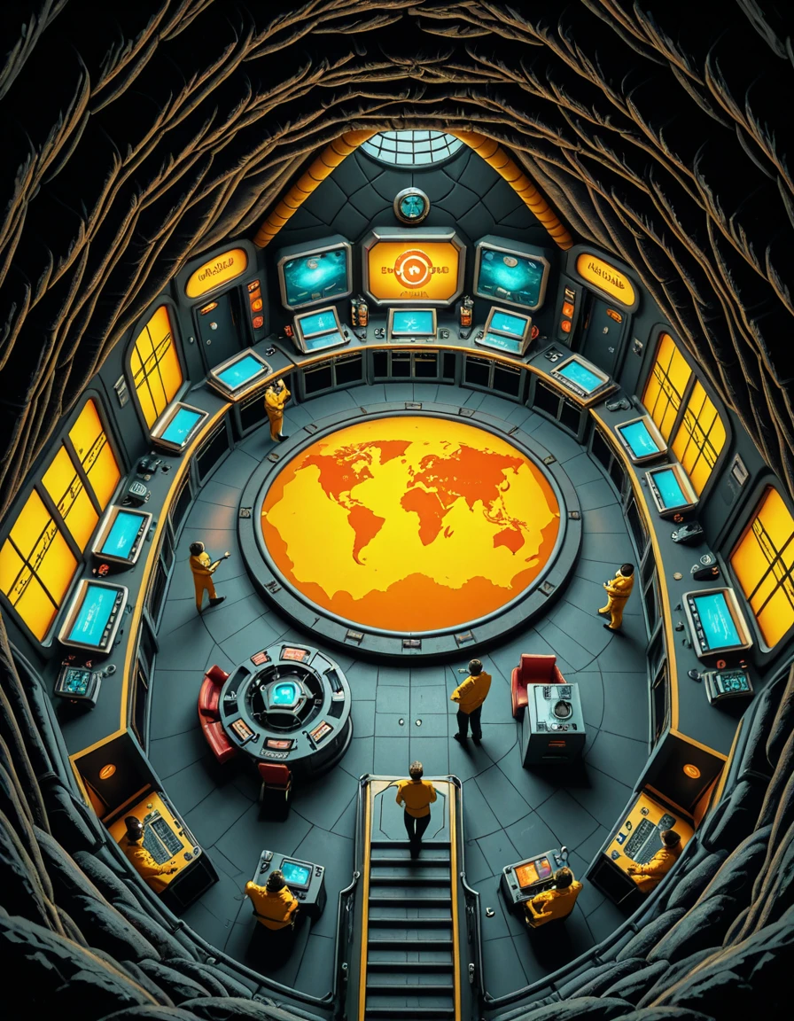 A high-angle view of a supervillain's underground lair carved into a volcanic island, inspired by the Evil Genius video game. The scene shows interconnected rooms with retro-futuristic decor: gold-trimmed control rooms filled with blinking monitors, training rooms with colorful equipment, prison cells with force fields, and luxurious private quarters featuring 1960s spy-movie aesthetics. Minions in yellow jumpsuits patrol the corridors, and a massive world domination map glows at the center of the operations hub. Lava tubes, reinforced blast doors, and hidden elevators are integrated into the design. The mood is colorful, stylized, and slightly humorous, reflecting the exaggerated comic-book villain style.Evil genius l41r, <lora:Evil_genius_l41r-i:1>, Masterpiece,best quality,hi res,8k,hi res,8k,award winning,(sharp focus, intricate, highly detailed),