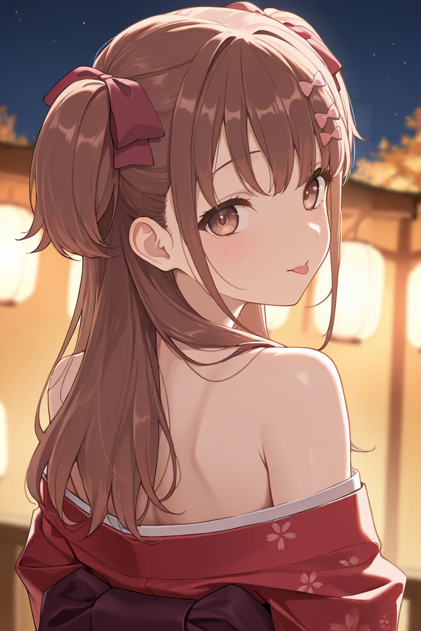 masterpiece, best quality, very aesthetic, newest, absurdres, highres,
1girl, solo,
<lora:SeraHonokaIllustriousV1:1> serahonoka, brown hair, long hair, two side up, hair bow, hair ribbon, brown eyes,
kimono, bare shoulders, night sky, from behind, looking at viewer, tongue out,