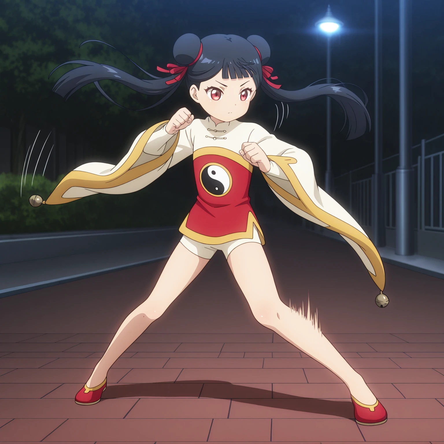 absurdres,highres,masterpiece,best quality,amazing quality,official anime artwork,outdoors,
anime screencap,CCSCC18 \(style\),
aged down,
1girl,solo,
(Volumetric Lighting,Cinematic Lighting),street,lamppost,
floating hair,fighting stance,
upper body,dynamic pose,motion lines,motion blur,
BREAK <lora:limeiling_CCS98_illuV01_b3g2plw1c1wd05_d32a16_lr1200y986_rvs:1>,
limeiling_CCS98,black hair,long hair,twintails,double bun,hair ribbon,red ribbon,blunt bangs,red eyes,chinese clothes,gold trim,yin yang print clothes,long sleeves,wide sleeves,layered sleeves,bell,red flats,white bike shorts,