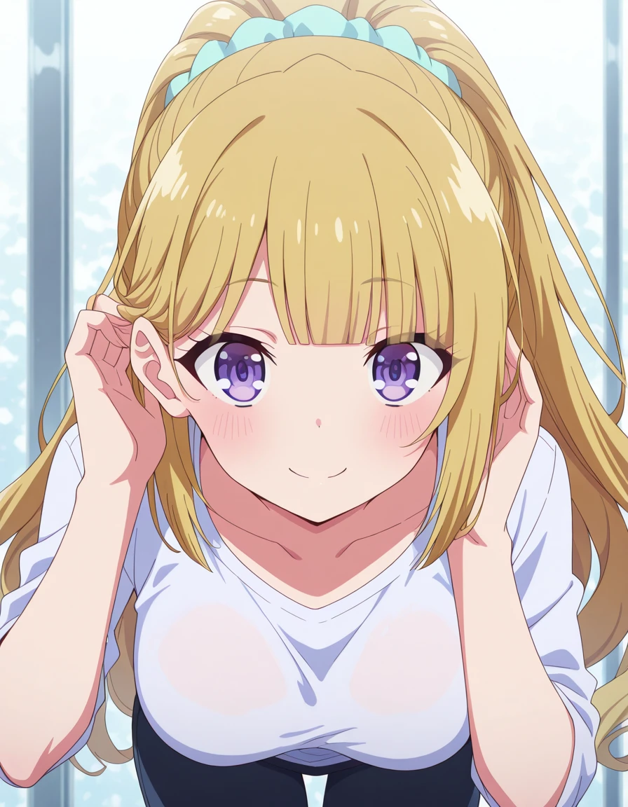 masterpiece, best quality, amazing quality,, <lora:kei-karuizawa-s2-v1-illustriousxl-lora-nochekaiser:1>, kei karuizawa, long hair, bangs, blunt bangs, purple eyes, blonde hair, shirt, hair ornament, ponytail, scrunchie, blue scrunchie, medium breasts,, <lora:tucking-hair-illustriousxl-lora-nochekaiser:1>, tucking hair, adjusting hair, hand on own hair, hair behind ear, smile, bent over, leaning forward, blush,, , ,