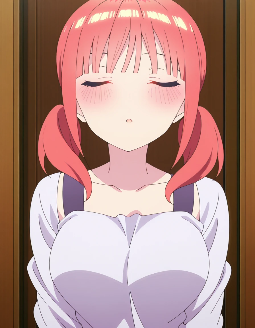masterpiece, best quality, amazing quality,, <lora:nino-nakano-honeymoon-illustriousxl-lora-nochekaiser:1>, nino nakano, short hair, bangs, blue eyes, twintails, pink hair, blunt bangs, medium hair, eyebrows hidden by hair, mature female, breasts, anime screencap, <lora:incoming-kiss-illustriousxl-lora-nochekaiser:1>, incoming kiss, closed eyes, blush, pov, cowboy shot, , ,