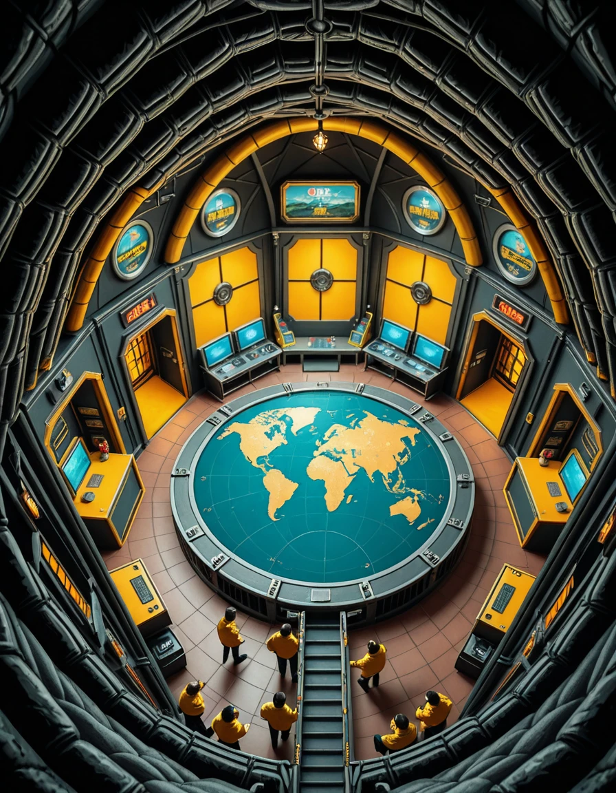 A high-angle view of a supervillain's underground lair carved into a volcanic island, inspired by the Evil Genius video game. The scene shows interconnected rooms with retro-futuristic decor: gold-trimmed control rooms filled with blinking monitors, training rooms with colorful equipment, prison cells with force fields, and luxurious private quarters featuring 1960s spy-movie aesthetics. Minions in yellow jumpsuits patrol the corridors, and a massive world domination map glows at the center of the operations hub. Lava tubes, reinforced blast doors, and hidden elevators are integrated into the design. The mood is colorful, stylized, and slightly humorous, reflecting the exaggerated comic-book villain style.Evil genius l41r, <lora:Evil_genius_l41r-i:1>, Masterpiece,best quality,hi res,8k,hi res,8k,award winning,(sharp focus, intricate, highly detailed),