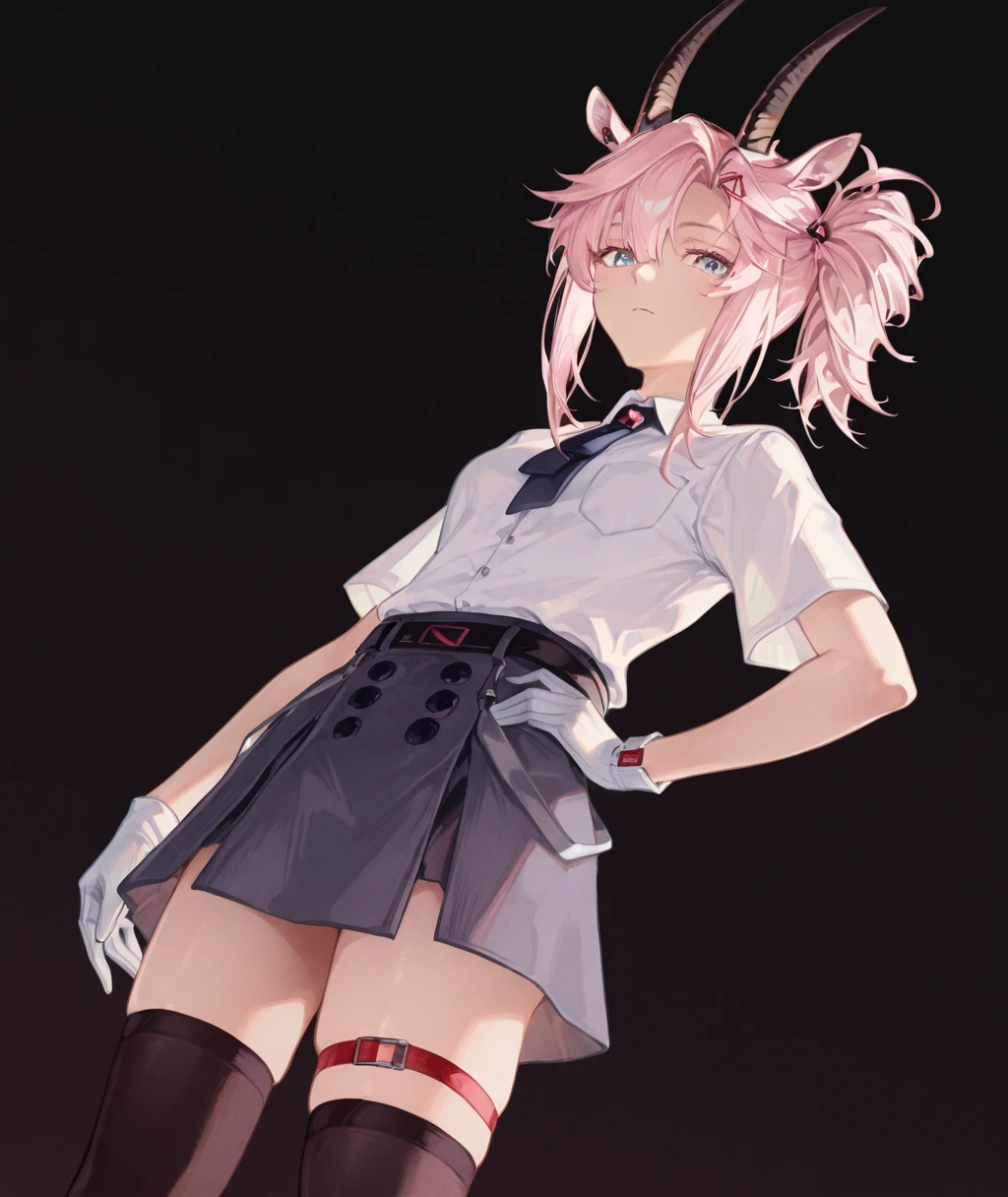 solo, earthspirit, pink hair, short hair, side ponytail, hairclip, horns, goat ears, blue eyes, looking at viewer,
shirt, skirt, necktie, hairclip, thighhighs, thigh strap, gloves,
standing, cowbou shot, one hand on hip, from below, dutch angle, small breast,
masterpiece, best quality, amazing quality, very aesthetic, absurdres, newest,
black background,
illustration by gandy,