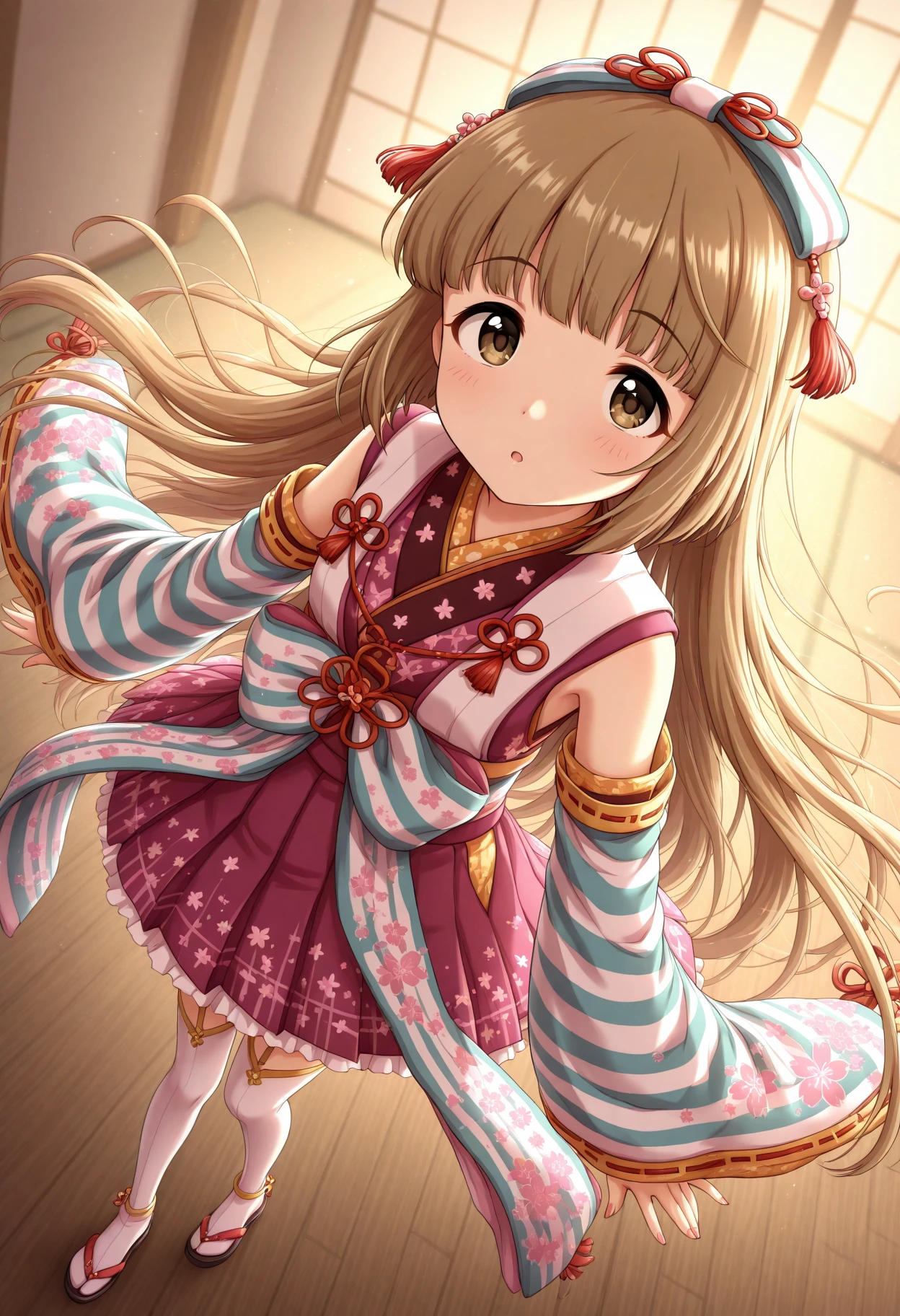 masterpiece, best quality, amazing quality, 1girl, solo, makeup, perspective, general, looking at viewer, dynamic angle, upper body, <lora:Yorita_Yoshino_Cinderella:1>, Yorita_Yoshino_Cinderella, long hair, brown hair, very long hair, brown eyes, blunt bangs, hair ribbon, jewelry, detached sleeves, japanese clothes, wide sleeves, kimono, skirt, white thighhighs, garter straps, ribbon trim, anklet, long sleeves, nail polish, floral print, <lora:wai-Rectified-s:1>, <lora:prompt_extend:1>