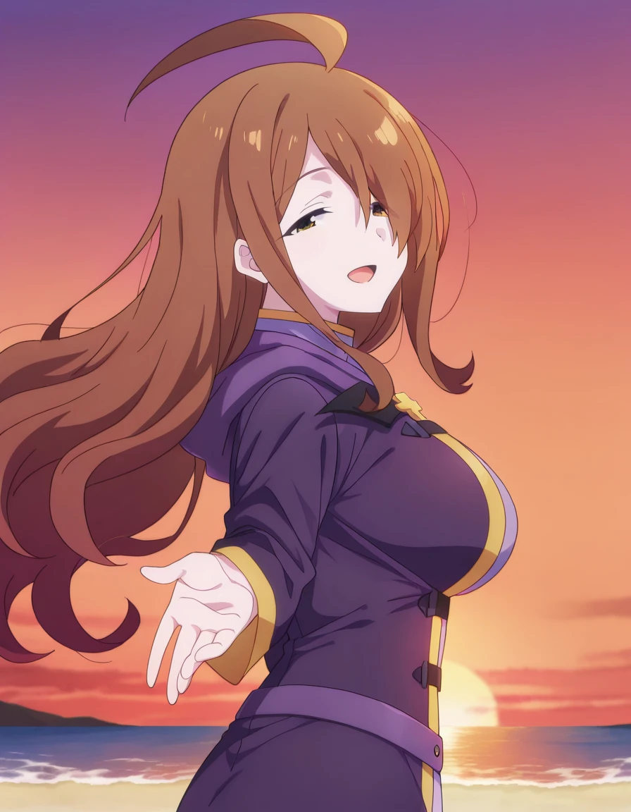 masterpiece, best quality, amazing quality,, <lora:konosuba-wiz-s2-illustriousxl-lora-nochekaiser:1>, wiz, ahoge, brown eyes, light brown hair, hair over one eye, long hair, mature female, breasts, anime screencap, <lora:looking-back-reaching-towards-viewer-illustriousxl-lora-nochekaiser:1>, looking back reaching towards viewer, looking at viewer, smile, looking back, open mouth, reaching towards viewer, beach, half-closed eyes, cowboy shot, sunset, , ,