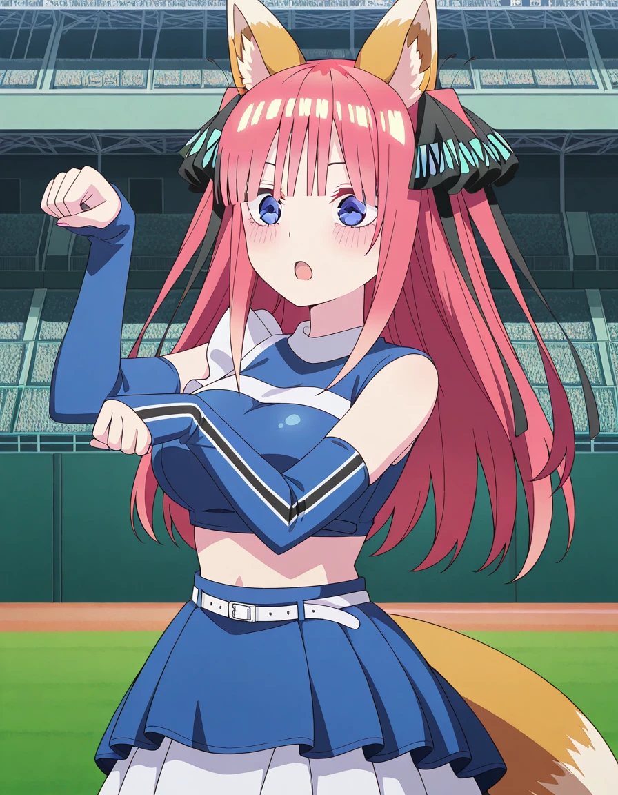 masterpiece, best quality, amazing quality,, <lora:nino-nakano-s2-illustriousxl-lora-nochekaiser:1>, nino nakano, long hair, bangs, blue eyes, hair ornament, hair ribbon, pink hair, blunt bangs, two side up, butterfly hair ornament, large breasts, animes screencap, <lora:kitsune-dance-illustriousxl-lora-nochekaiser:1>, kitsune dance, cheerleader, layered skirt, paw pose, fox ears, white belt, fox tail, baseball stadium, blue shirt, blue skirt, crop top, sleeveless shirt, midriff, , ,