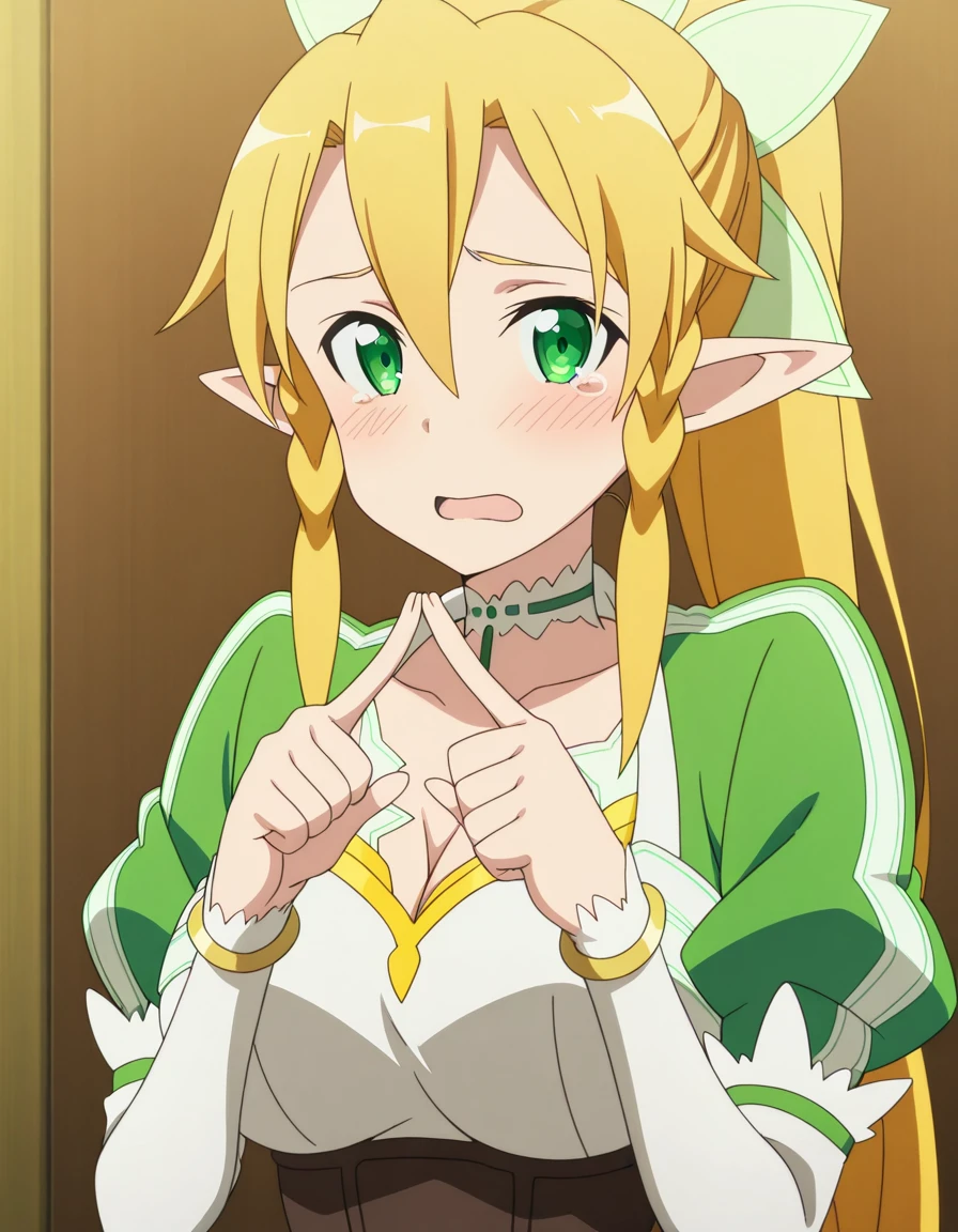 masterpiece, best quality, amazing quality,, <lora:suguha-kirigaya-s1-illustriousxl-lora-nochekaiser:1>, suguha kirigaya, leafa (sao), long hair, blonde hair, hair between eyes, green eyes, ponytail, braid, pointy ears, twin braids, mature female, breasts, anime screencap, <lora:fidgeting-index-fingers-together-illustriousxl-lora-nochekaiser:1>, fidgeting index fingers together, index fingers together, open mouth, looking at viewer, fidgeting, blush, tearing up, upper body, , ,