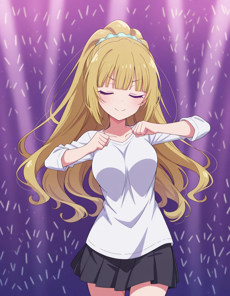 masterpiece, best quality, amazing quality,, <lora:kei-karuizawa-s2-v1-illustriousxl-lora-nochekaiser:1>, kei karuizawa, long hair, bangs, blunt bangs, purple eyes, blonde hair, shirt, hair ornament, ponytail, scrunchie, blue scrunchie, medium breasts,, <lora:shikairo-days-dance-illustriousxl-lora-nochekaiser:1>, shikairo days dance, shikairo days dance (meme), dancing, meme, closed eyes, clenched hands, glowsticks, smile, cowboy shot, , ,