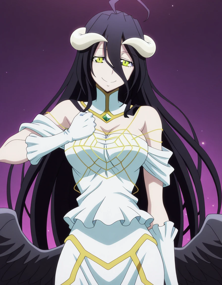masterpiece, best quality, amazing quality,, <lora:overlord-albedo-s1s2-illustriousxl-lora-nochekaiser:1>, albedo, albedo (overlord), ahoge, black hair, horns, long hair, yellow eyes, mature female, breasts, anime screencap, <lora:giorno-giovannas-pose-illustriousxl-lora-nochekaiser:1>, giorno giovannas pose, giorno giovanna's pose (jojo), jojo pose, hand up, clenched hand, hand on waist, smile, looking at viewer, cowboy shot,, , ,