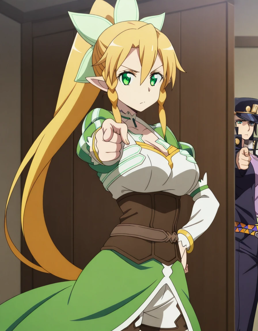 masterpiece, best quality, amazing quality,, <lora:suguha-kirigaya-s1-illustriousxl-lora-nochekaiser:1>, suguha kirigaya, leafa (sao), long hair, blonde hair, hair between eyes, green eyes, ponytail, braid, pointy ears, twin braids, mature female, breasts, anime screencap, <lora:jotaro-kujo-pose-illustriousxl-lora-nochekaiser:1>, jotaro kujo pose, kujo jotaro's pose (jojo), jojo pose, pointing, pointing at viewer, cowboy shot, , ,