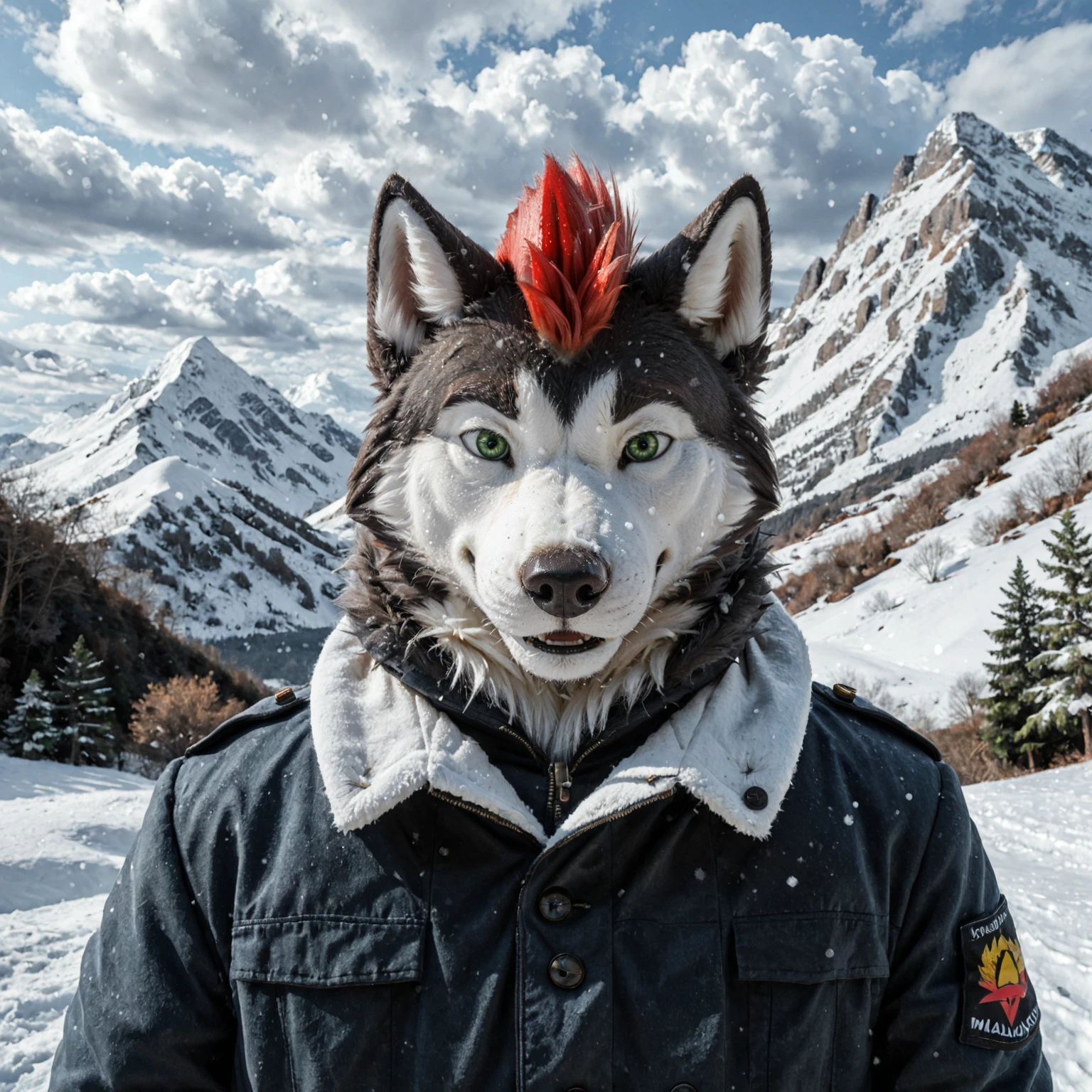 (source_furry, husky, alaskan malamute, canine, two tone fur), cute, male, headshot portrait, red mohawk, green eyes, fursona, photo background, detailed background,
mountains, cave, snow, snowed under, cold, clothed, coat,
<lora:FurryPhotoBackground:0.5>