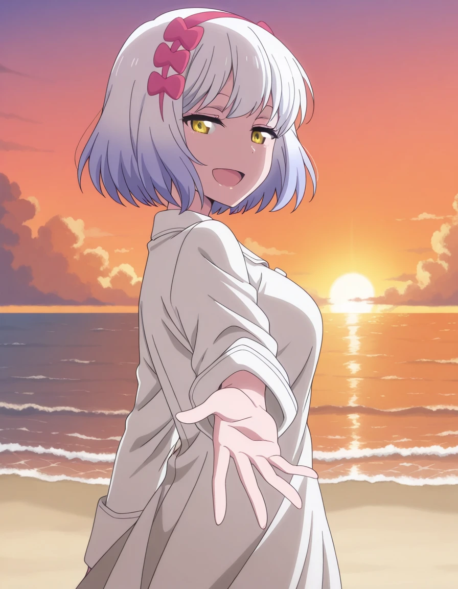 masterpiece, best quality, amazing quality,, <lora:paula-mccoy-s2-illustriousxl-lora-nochekaiser:1>, paula mccoy, short hair, bow, yellow eyes, white hair, hair bow, hairband, mature female, medium breasts, anime screencap, <lora:looking-back-reaching-towards-viewer-illustriousxl-lora-nochekaiser:1>, looking back reaching towards viewer, looking at viewer, smile, looking back, open mouth, reaching towards viewer, beach, half-closed eyes, cowboy shot, sunset, , ,