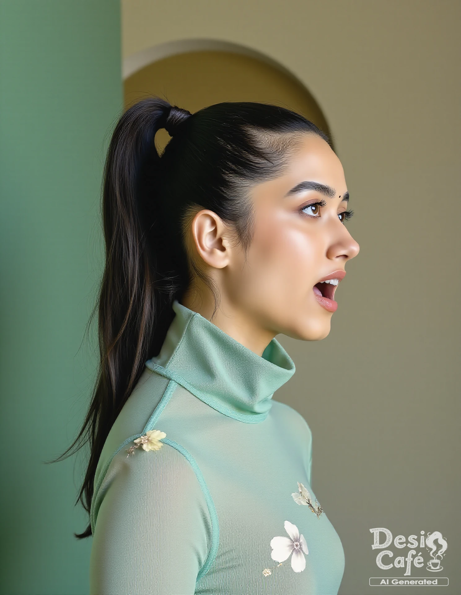 side view photo of bhagyashri borse woman, hyper realistic photo that is safe for work, mouth open in surprise, studio quality image with natural colors, well dressed wearing intricate turtleneck Mint Green floral summer dress, hair styled as high ponytail,muted pastel shaded multicolored background that contrasts with the person, cinematic lighting,âââââ ââ <lora:Bhagyashri_Borse_Flux_Kohya_V1:1>âââ