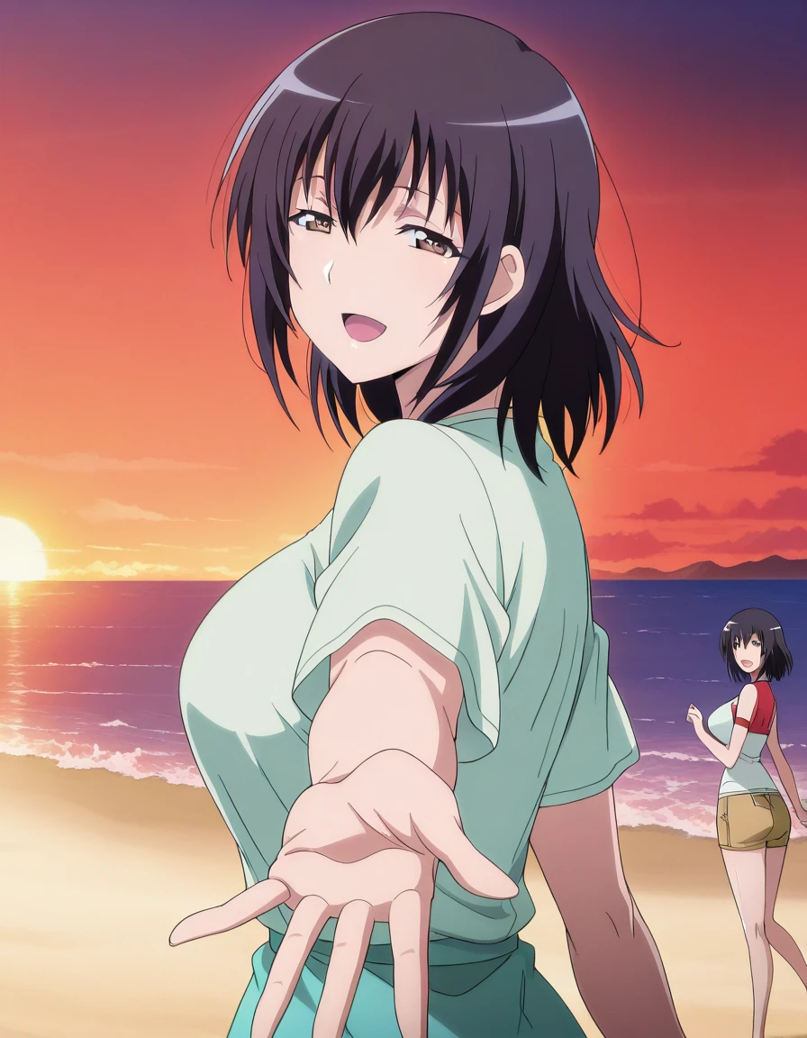 masterpiece, best quality, amazing quality,, <lora:sakura-hagiwara-s1-illustriousxl-lora-nochekaiser:1>, sakura hagiwara, hagiwara sakura, short hair, black hair, brown eyes, mature female, breasts, anime screencap, <lora:looking-back-reaching-towards-viewer-illustriousxl-lora-nochekaiser:1>, looking back reaching towards viewer, looking at viewer, smile, looking back, open mouth, reaching towards viewer, beach, half-closed eyes, cowboy shot, sunset, , ,