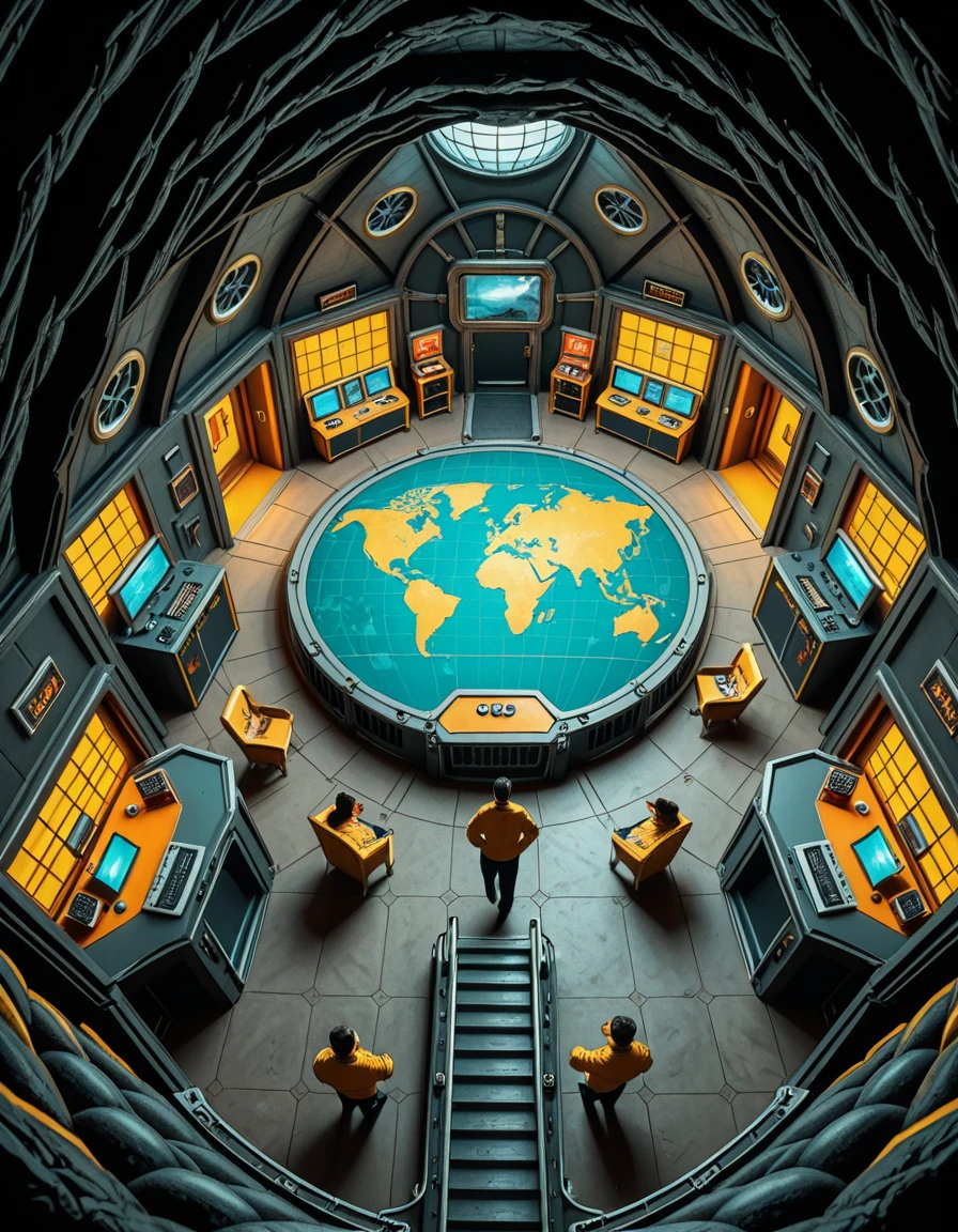 A high-angle view of a supervillain's underground lair carved into a volcanic island, inspired by the Evil Genius video game. The scene shows interconnected rooms with retro-futuristic decor: gold-trimmed control rooms filled with blinking monitors, training rooms with colorful equipment, prison cells with force fields, and luxurious private quarters featuring 1960s spy-movie aesthetics. Minions in yellow jumpsuits patrol the corridors, and a massive world domination map glows at the center of the operations hub. Lava tubes, reinforced blast doors, and hidden elevators are integrated into the design. The mood is colorful, stylized, and slightly humorous, reflecting the exaggerated comic-book villain style.Evil genius l41r, <lora:Evil_genius_l41r-i:1>, Masterpiece,best quality,hi res,8k,hi res,8k,award winning,(sharp focus, intricate, highly detailed),