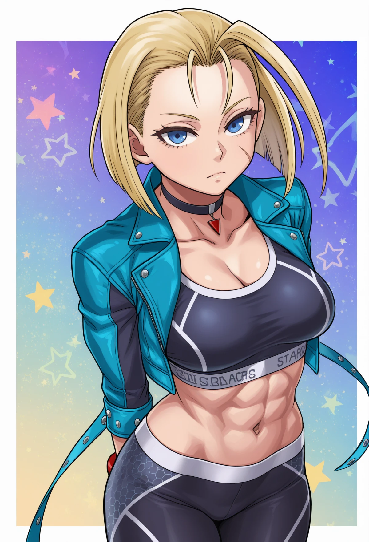 <lora:MCNsRadioheadB7_06:1> MCNsR4d1oHe4d,colorful background, stars background, drawn stars background, colorful stars on background, three quarter view, from above,
1girl, cammy white, solo, blonde hair, jacket, blue eyes, breasts, blue jacket, navel, scar, scar on face, pants, choker, scar on cheek, midriff, looking at viewer, cleavage, open jacket, sports bra, open clothes, black sports bra, short hair, crop top, closed mouth, pendant choker, black pants, official alternate costume, collarbone, stomach, medium hair, black choker, yoga pants, long sleeves, cropped jacket, cowboy shot, medium breasts, arm behind back, strapless, large breasts, tight pants, white border, abs