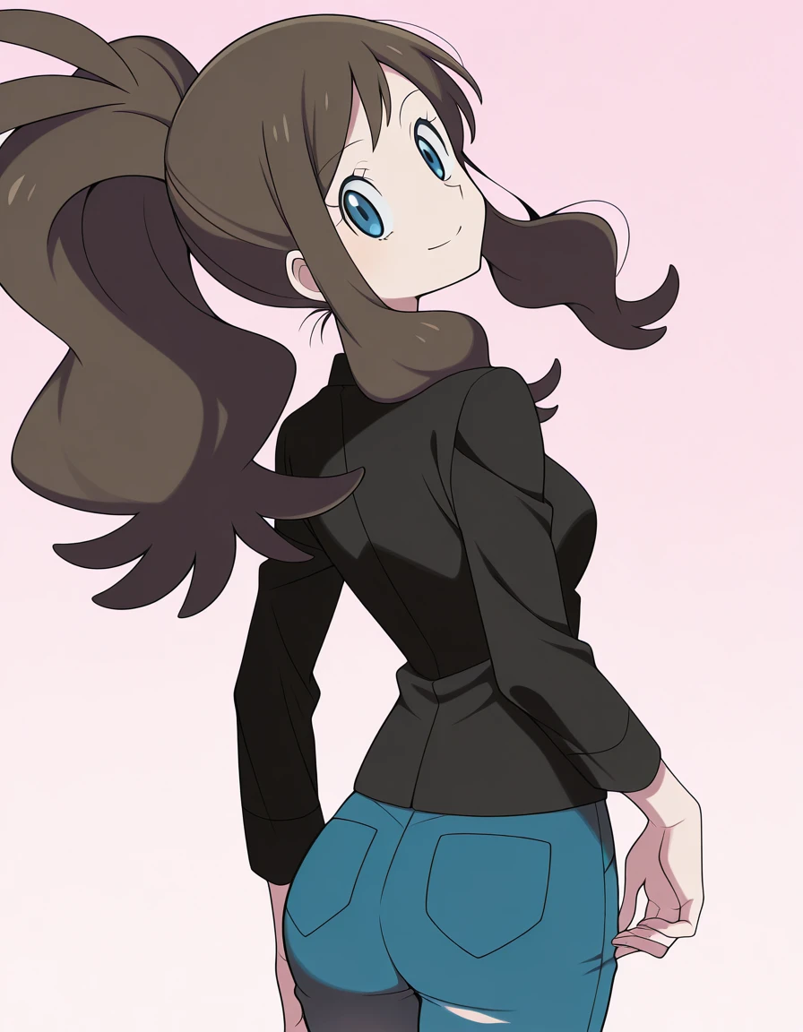 masterpiece, best quality, amazing quality,, <lora:pokemon-hilda-illustriousxl-lora-nochekaiser:1>, hilda, hilda (pokemon), blue eyes, brown hair, long hair, ponytail, mature female, small breasts, anime screencap,, <lora:shaft-look-illustriousxl-lora-nochekaiser:1>, shaft look, looking back, from behind, head tilt, cowboy shot, smile,, , ,