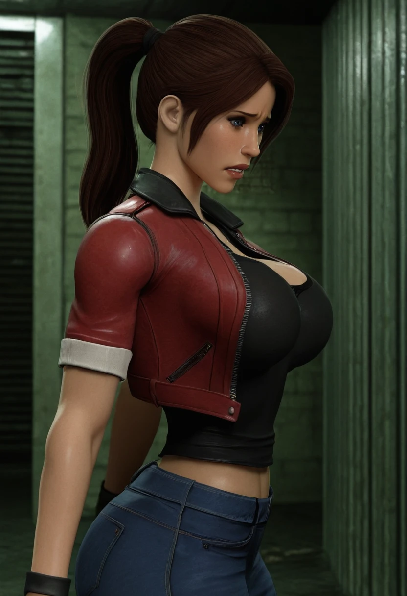 Claire Redfield, {{master part, best quality, CG extremamente detalhado, Unity 8k papel de parede, Cinematic lighting}}, 1girl, Mulher nova, corpo inteiro, dia ensolarado, belos olhos detalhados, (seios grandes, clivagem), Bunda redonda, looking up at the audience, long eyelashes