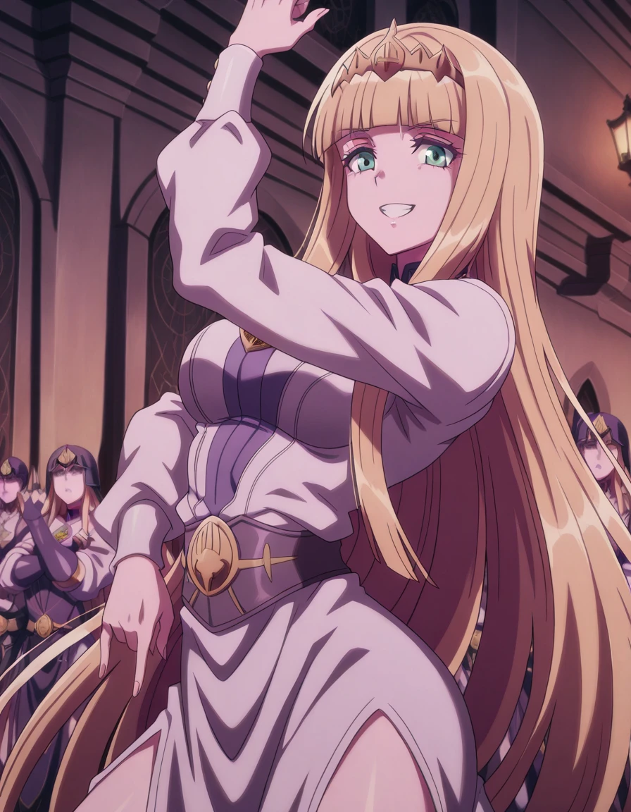 masterpiece, best quality, amazing quality,, <lora:calca-bessarez-movie3-illustriousxl-lora-nochekaiser:1>, calca bessarez, long hair,bangs, blue eyes, blonde hair, very long hair, green eyes, blunt bangs, mature female, medium breasts, anime screencap, <lora:killer-queens-pose-illustriousxl-lora-nochekaiser:1>, killer queens pose, killer queens's pose (jojo), jojo pose, arm up, hand up, \n/, double \n/, arm down, hand down, grin, arched back, bent over, cowboy shot, , ,