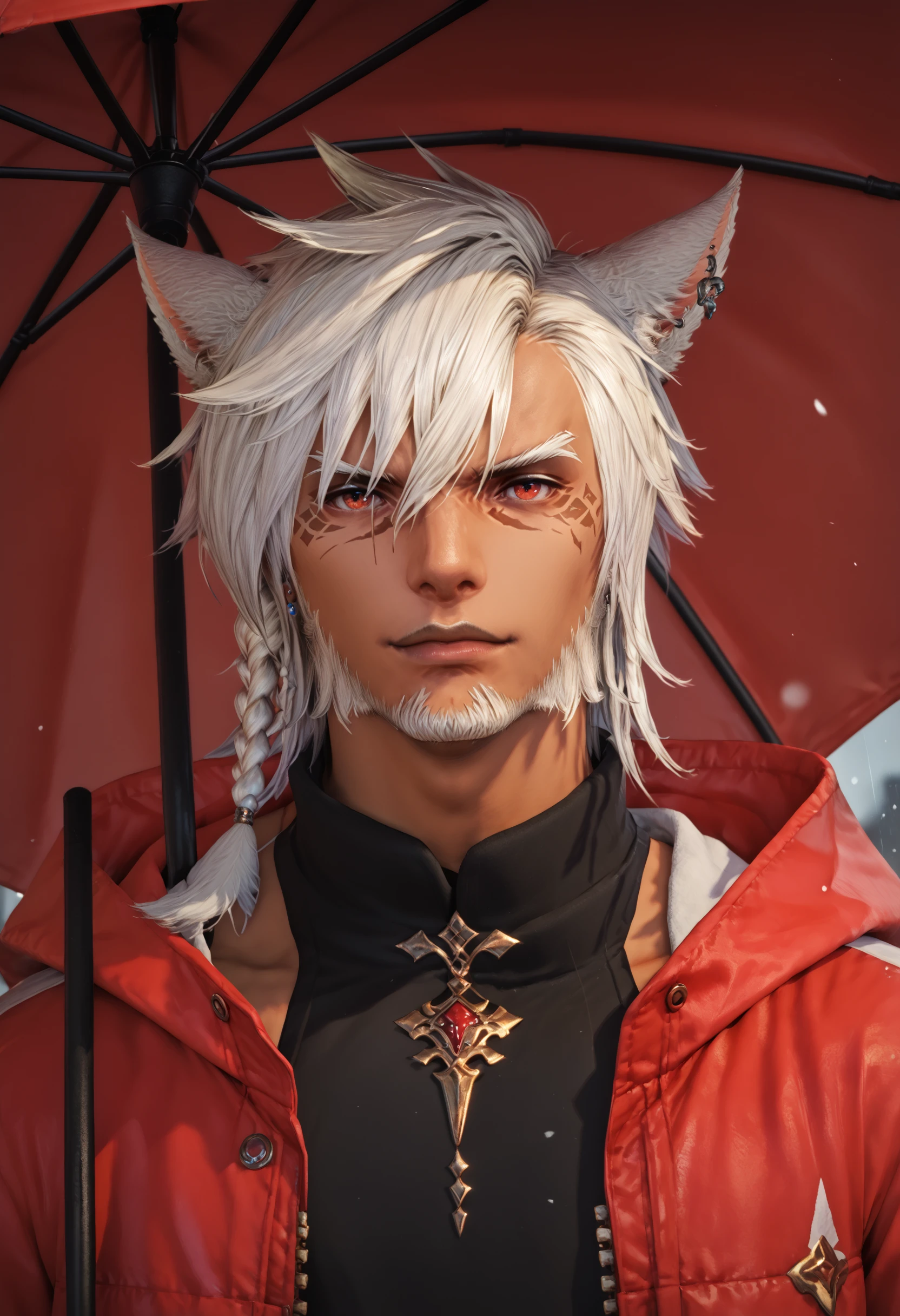 PonyXLV6_Scores animal ears, solo, 1boy, male focus, miqo'te, facial hair, umbrella, red eyes, cat ears, white hair, facial mark, earrings, tattoo, looking at viewer, braid, jacket, dark skin, jewelry, facial tattoo, beard, cat boy, ear piercing, dark-skinned male, piercing, 3KK4T14, <lora:Gekka_Tia_FFXIV_OC_PonyXL:0.65>