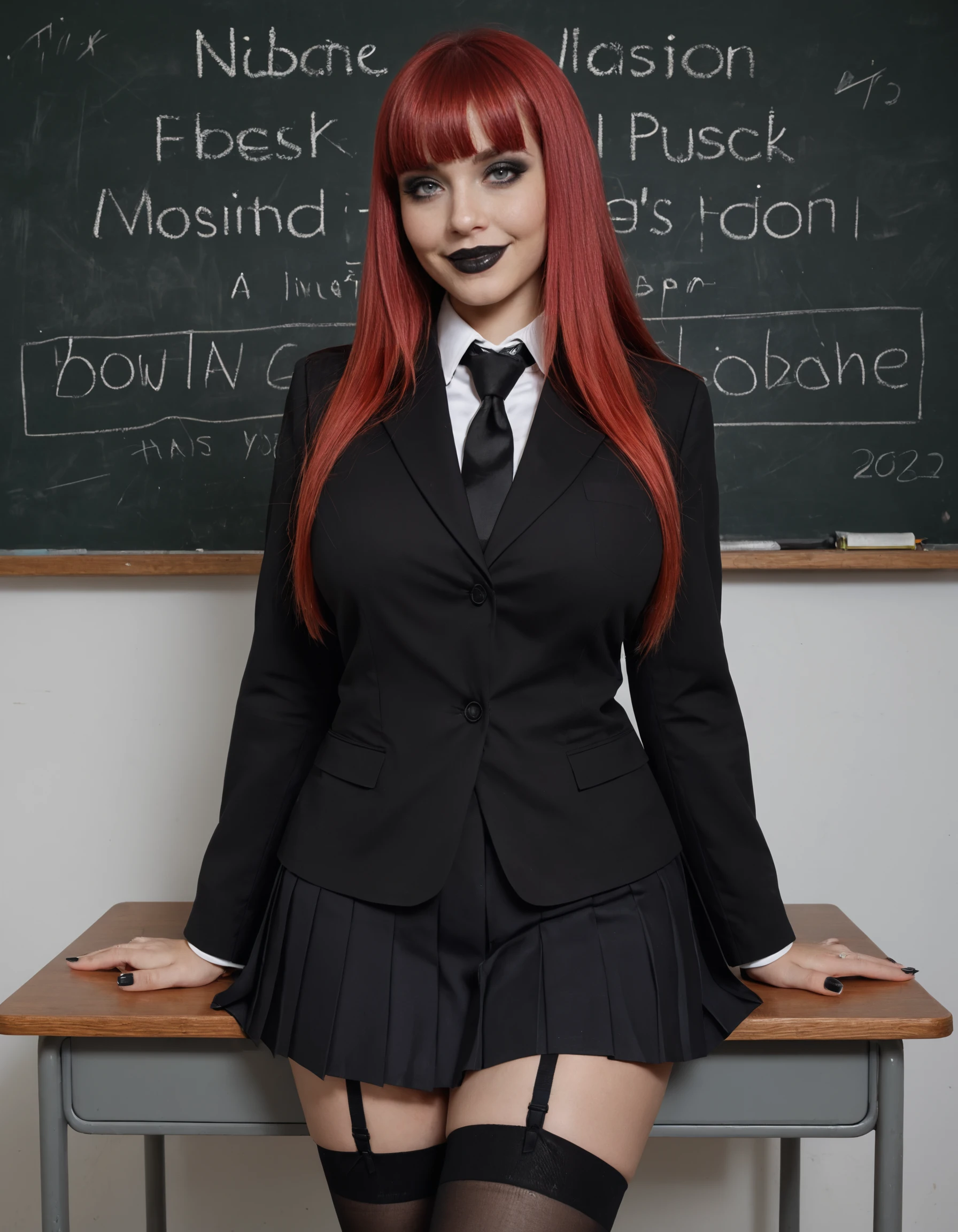source_explicit, flat colors, flat , lineart, highly detailed, ultra detailed, girl as a goth, black makeup, black lips, blunt bangs, voluptuous body, grey eyes, big lips, lipstick, red hair long hair straight hair, wearing school uniform, blouse, black shirt with black tie, long sleeves, black pleated skirt, stockings, indoor background, blackboard, teacher's desk, front view, professional lighting, smile, posing