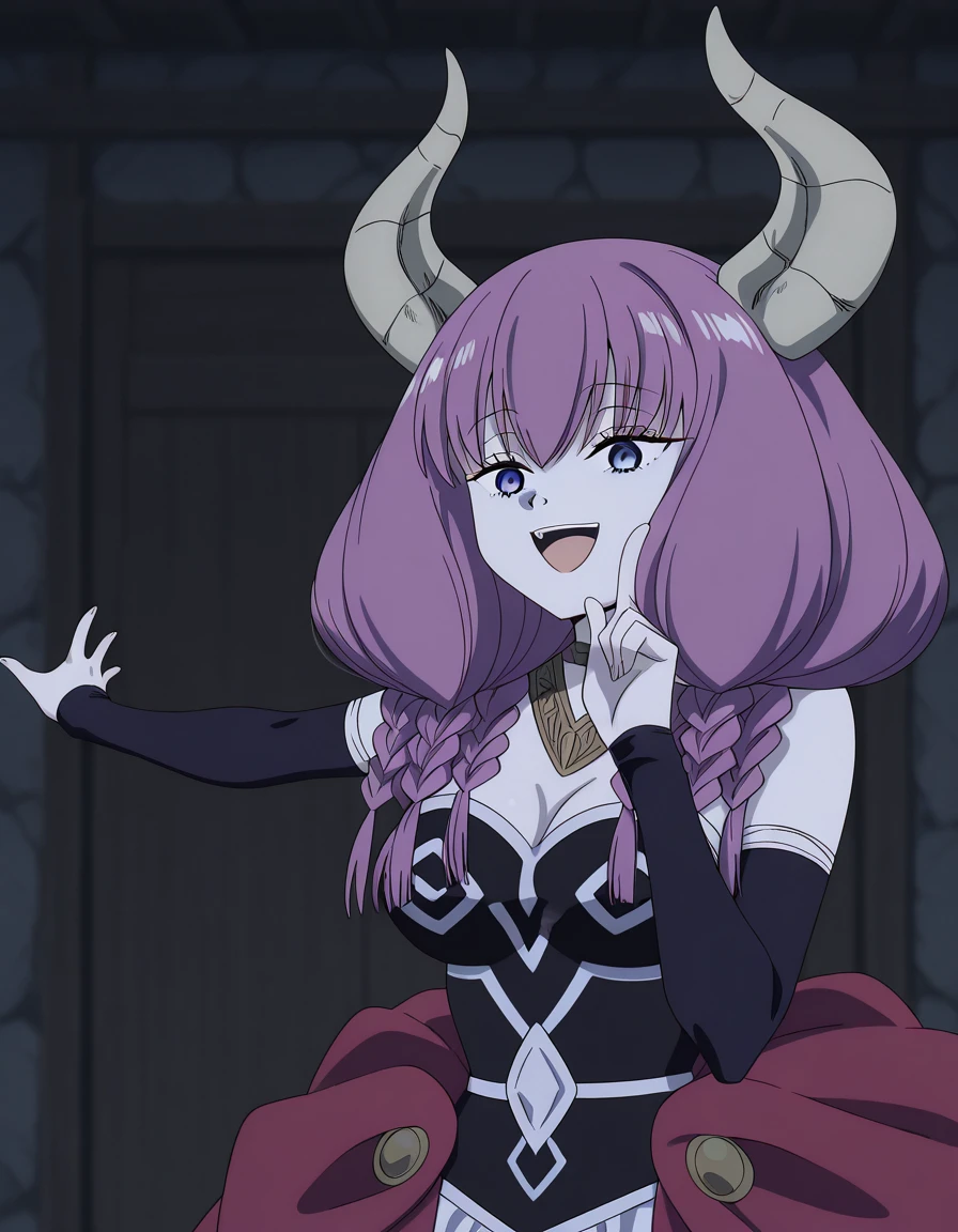 masterpiece, best quality, amazing quality,, <lora:aura-the-guillotine-s1-illustriousxl-lora-nochekaiser:1>, aura the guillotine, aura (sousou no frieren), long hair, purple eyes, purple hair, braid, horns, twin braids, mature female, medium breasts, anime screencap, <lora:hoshino-ruby-dance-illustriousxl-lora-nochekaiser:1>, hoshino ruby dance, finger wagging, index finger raised, dancing, outstretched arm, cowboy shot, smile, open mouth,, , ,
