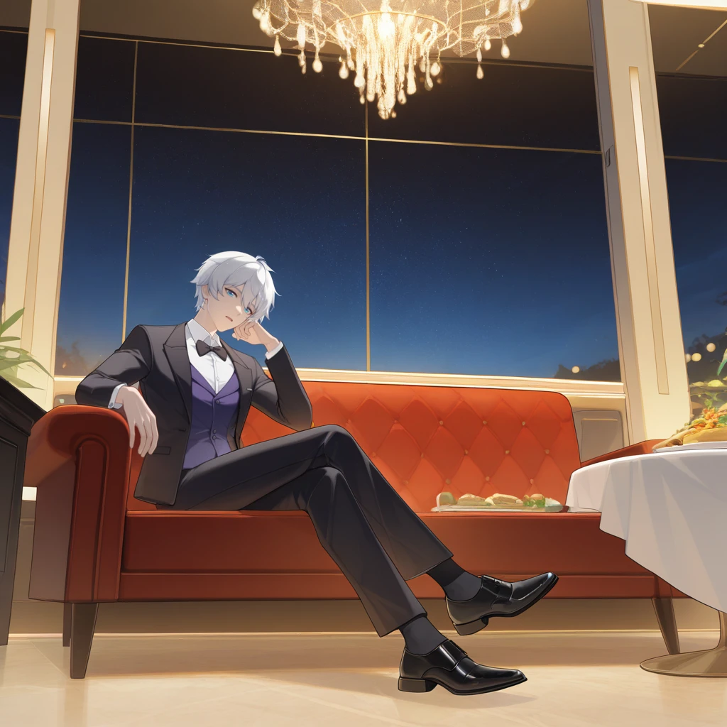 masterpiece, best quality, ultra-detailed, very aesthetic, detailed background, year 2023, very aesthetic, newest, scenery, highres, 4k, absurdres, 8k, colorful,vibrant, glowing, perfect face, 2d, perfect eyes, detailed eyes, 1boy, male focus, solo, banquet hall, luxurious interior, long table, food on table, chandelier, indoors, detailed background, night, night sky, night time, starry sky, sitting on couch, foreshortening, full body, black shoes, curious, open mouth, looking at viewer, black socks, from side, head rest,
short hair, white hair, blue eyes, KevinHi3, Kvn_Frm, purple vest, vest, suit, suit jacket, black jacket, tuxedo, dress shirt, alternative white shirt, black bowtie, long sleeves, alt black sleeves, dress pants, waistcoat,
masterpiece, best quality, ultra-detailed, very aesthetic, newest, scenery, absurdres, perfect anatomy, perfect legs, perfect face, perfect eyes, clear eyes, beautiful eyes, perfect feet,
