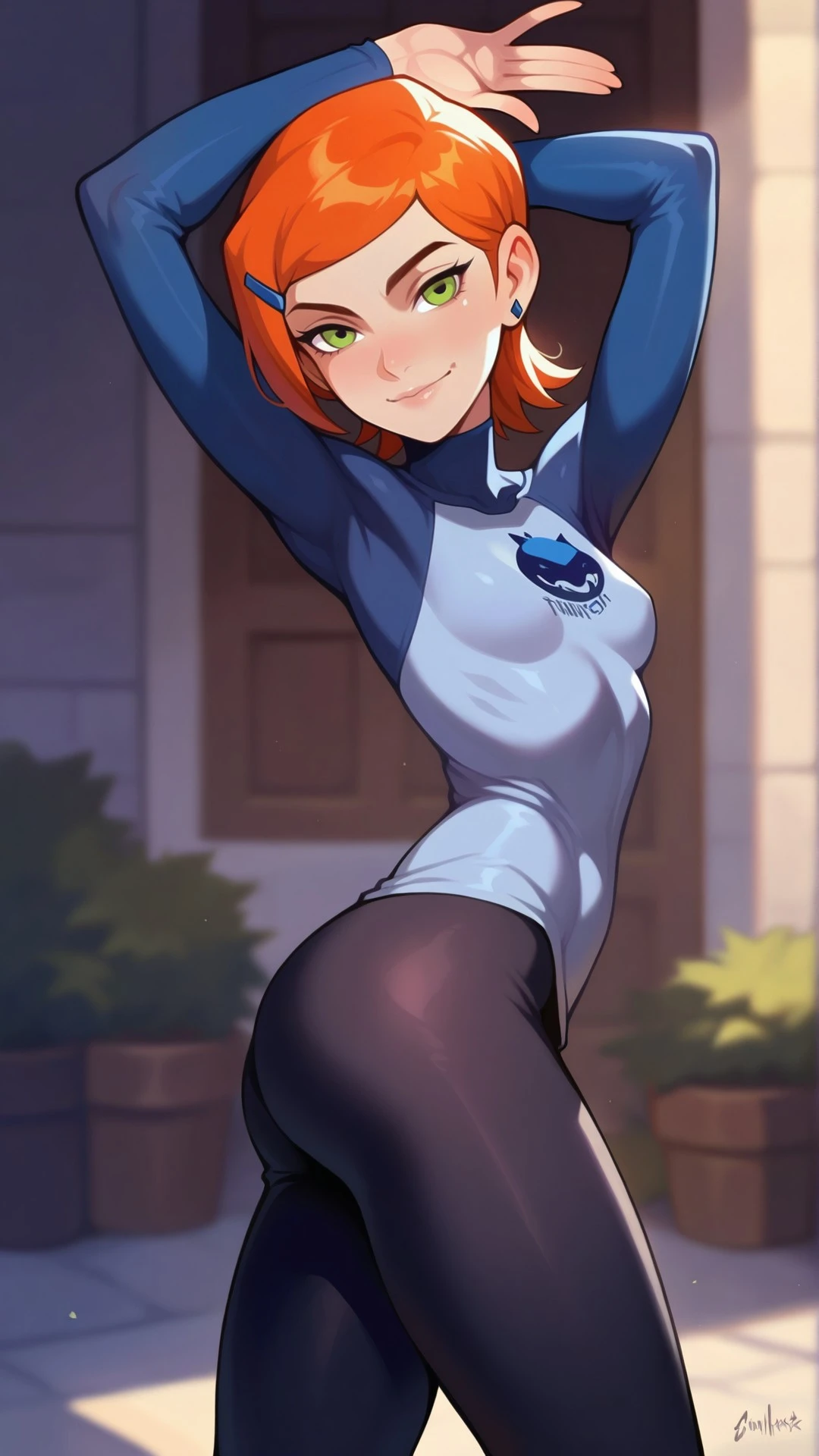masterpiece, SFW, best quality, anime, 1girl, solo, stockings, red hair, closed eyes, short hair, white collared shirt, short shorts, slim waist, wide hips, ass, smile, boots, black stockings, back, looking back, outdoor, medieval, back, long sleeves, erotica, (cum on ass, cum)