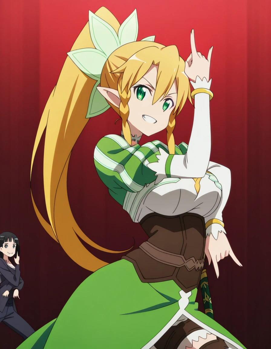 masterpiece, best quality, amazing quality,, <lora:suguha-kirigaya-s1-illustriousxl-lora-nochekaiser:1>, suguha kirigaya, leafa (sao), long hair, blonde hair, hair between eyes, green eyes, ponytail, braid, pointy ears, twin braids, mature female, breasts, anime screencap, <lora:killer-queens-pose-illustriousxl-lora-nochekaiser:1>, killer queens pose, killer queens's pose (jojo), jojo pose, arm up, hand up, \n/, double \n/, arm down, hand down, grin, arched back, bent over, cowboy shot, , ,