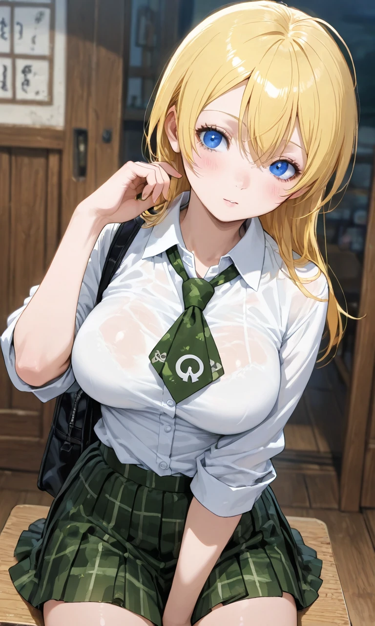 1个Giant Breast Girl, blond hairbl, short detailed hair, eBlue eyes, white shirt, green necktie, Green skirt, 城市, Sateen, detailedbackground