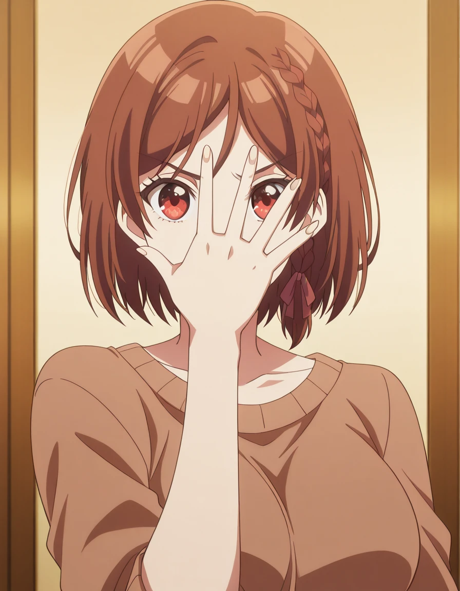 masterpiece, best quality, amazing quality,, <lora:akane-sakuramori-s1-illustriousxl-lora-nochekaiser:1>, akane sakuramori, short hair, brown hair, red eyes, braid, hair ribbon, mature female, breasts, anime screencap, <lora:jonathan-joestars-pose-illustriousxl-lora-nochekaiser:1>, jonathan joestars pose, jonathan joestar's pose (jojo), jojo pose, covering face, hand up, upper body, , ,