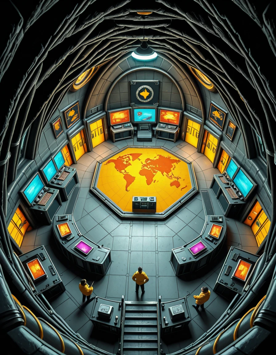 A high-angle view of a supervillain's underground lair carved into a volcanic island, inspired by the Evil Genius video game. The scene shows interconnected rooms with retro-futuristic decor: gold-trimmed control rooms filled with blinking monitors, training rooms with colorful equipment, prison cells with force fields, and luxurious private quarters featuring 1960s spy-movie aesthetics. Minions in yellow jumpsuits patrol the corridors, and a massive world domination map glows at the center of the operations hub. Lava tubes, reinforced blast doors, and hidden elevators are integrated into the design. The mood is colorful, stylized, and slightly humorous, reflecting the exaggerated comic-book villain style.Evil genius l41r, <lora:Evil_genius_l41r-i:1>, Masterpiece,best quality,hi res,8k,hi res,8k,award winning,(sharp focus, intricate, highly detailed),