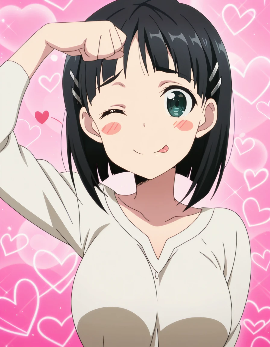 masterpiece, best quality, amazing quality,, <lora:suguha-kirigaya-s1-illustriousxl-lora-nochekaiser:1>, suguha kirigaya, short hair, black hair, hair ornament, hairclip, green eyes, mature female, breasts, anime screencap, <lora:dojikko-pose-illustriousxl-lora-nochekaiser:1>, dojikko pose, blush, heart, blush stickers, smile, tongue out, arm up, looking at viewer, one eye closed, , ,